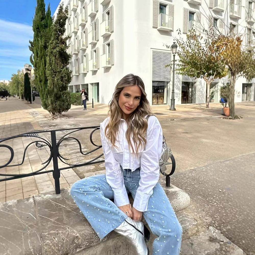 Women's Fashion Cropped Long Sleeve Shirt Casual Solid Color Button Down Blouse With Double Pockets Workwear Style Woven Polyester Tops For Women