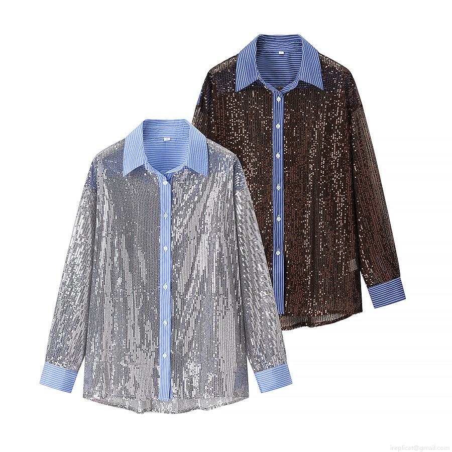 Women Sequin Long Sleeve Shirt Shiny Glitter Contrast Striped Lapel Blouse Casual Loose Oversized Party Button Down Top Glamorous Clubwear Polyester Tops