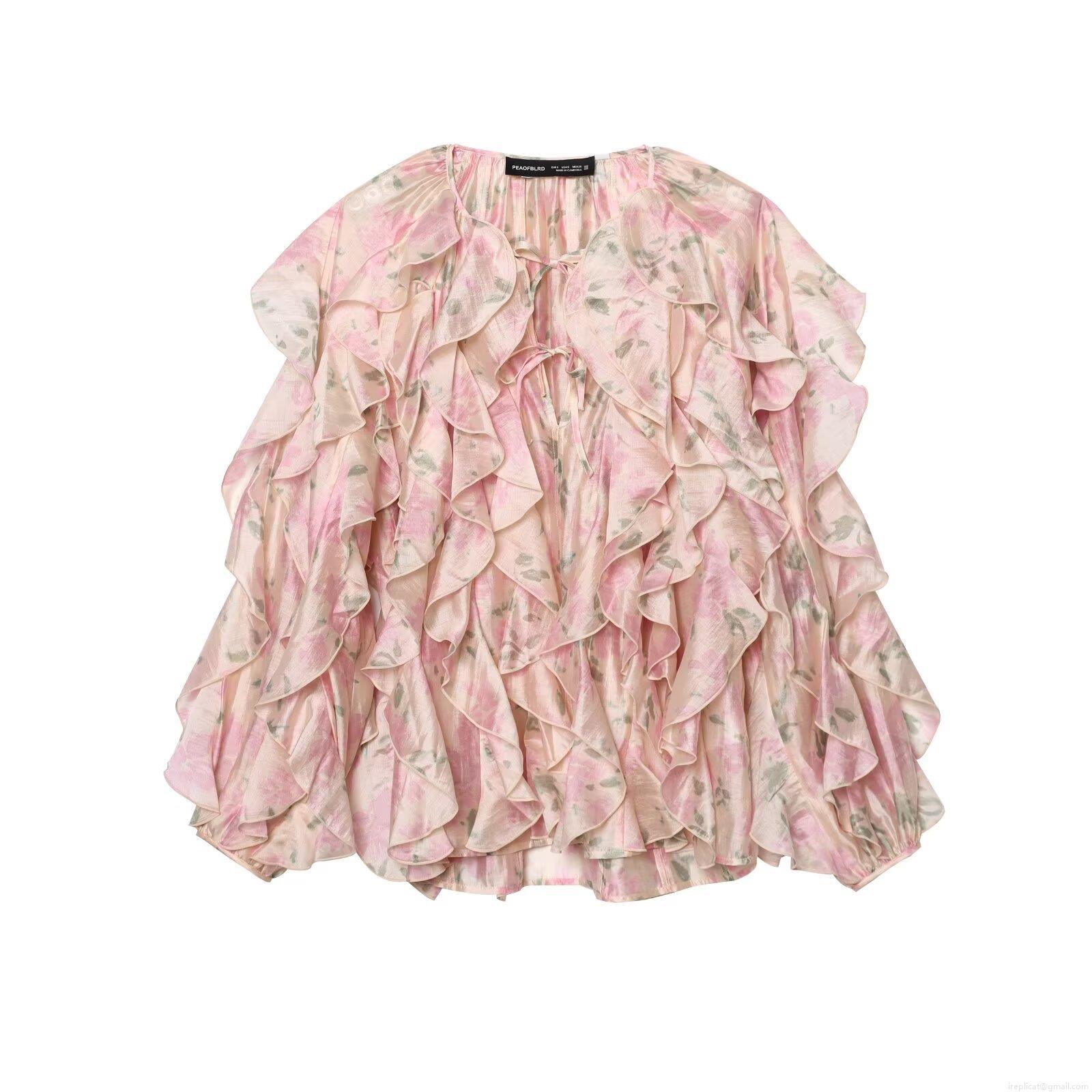 Women's Pink Floral Chiffon Blouse Elegant Multi Layered Ruffle Long Sleeve Shirt Sweet Lace Up Round Neck Casual Party Top For Ladies