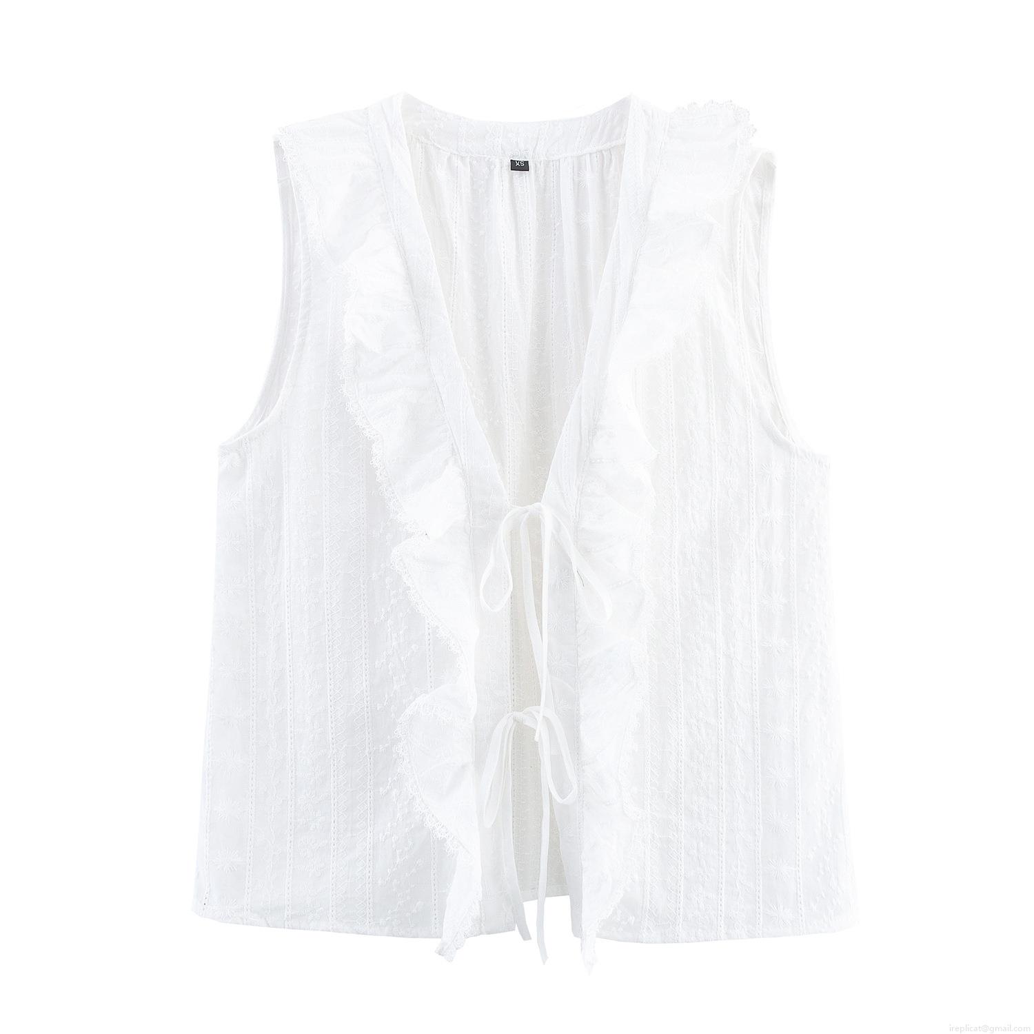 Women's Sleeveless Embroidered Lace Blouse Shirt Vintage White Eyelet Hollow Out Vest Top With Tie Neck For Daily Dating Lady Sweet Clothing