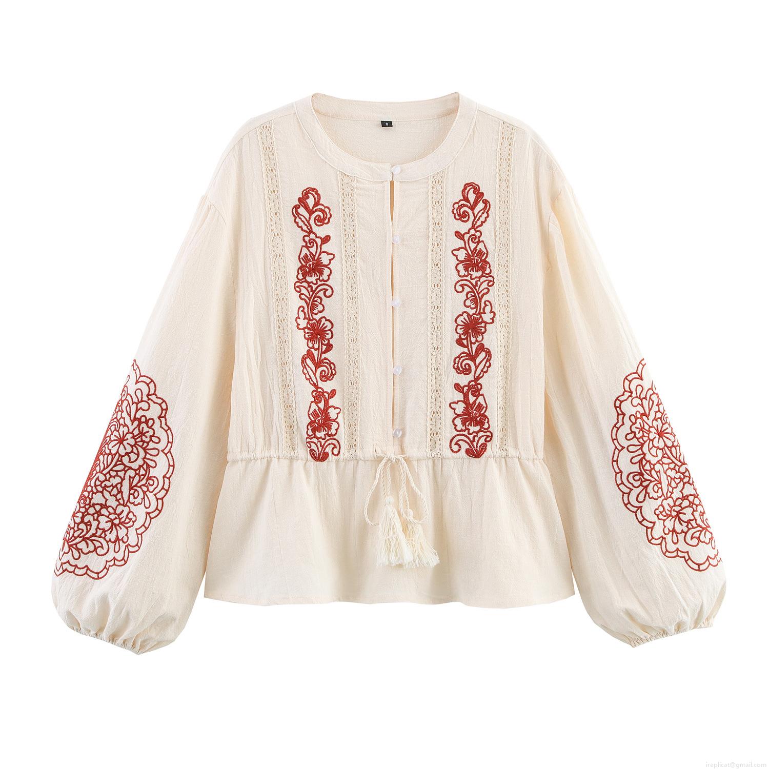 Women's Ethnic Embroidered Shirt Cotton Blend Long Lantern Sleeves Floral Embroidery Bohemian Retro Style Cream Off-White Tassel Drawstring Casual Elegant Top