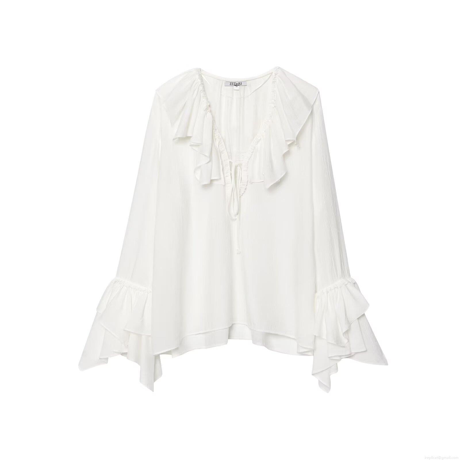 Women's Ruffle V Neck Blouse Polyester Peach Skin Crepe Tie Front Loose Flare Sleeve Shirt Vintage French Style Solid White Top For Women