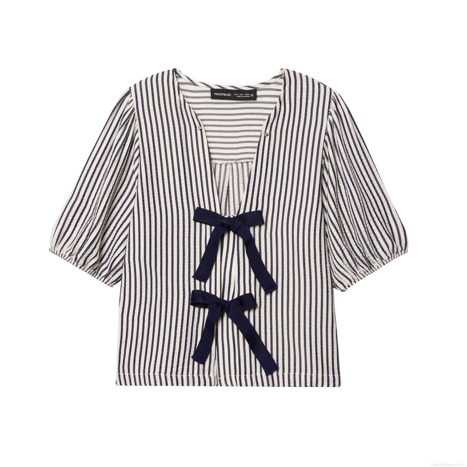 Women's Navy White Striped V-Neck Puff Sleeve Blouse Sweet Short Sleeve Top With Bow Tie Front Seersucker Polyester Shirt For Daily Casual Vacation