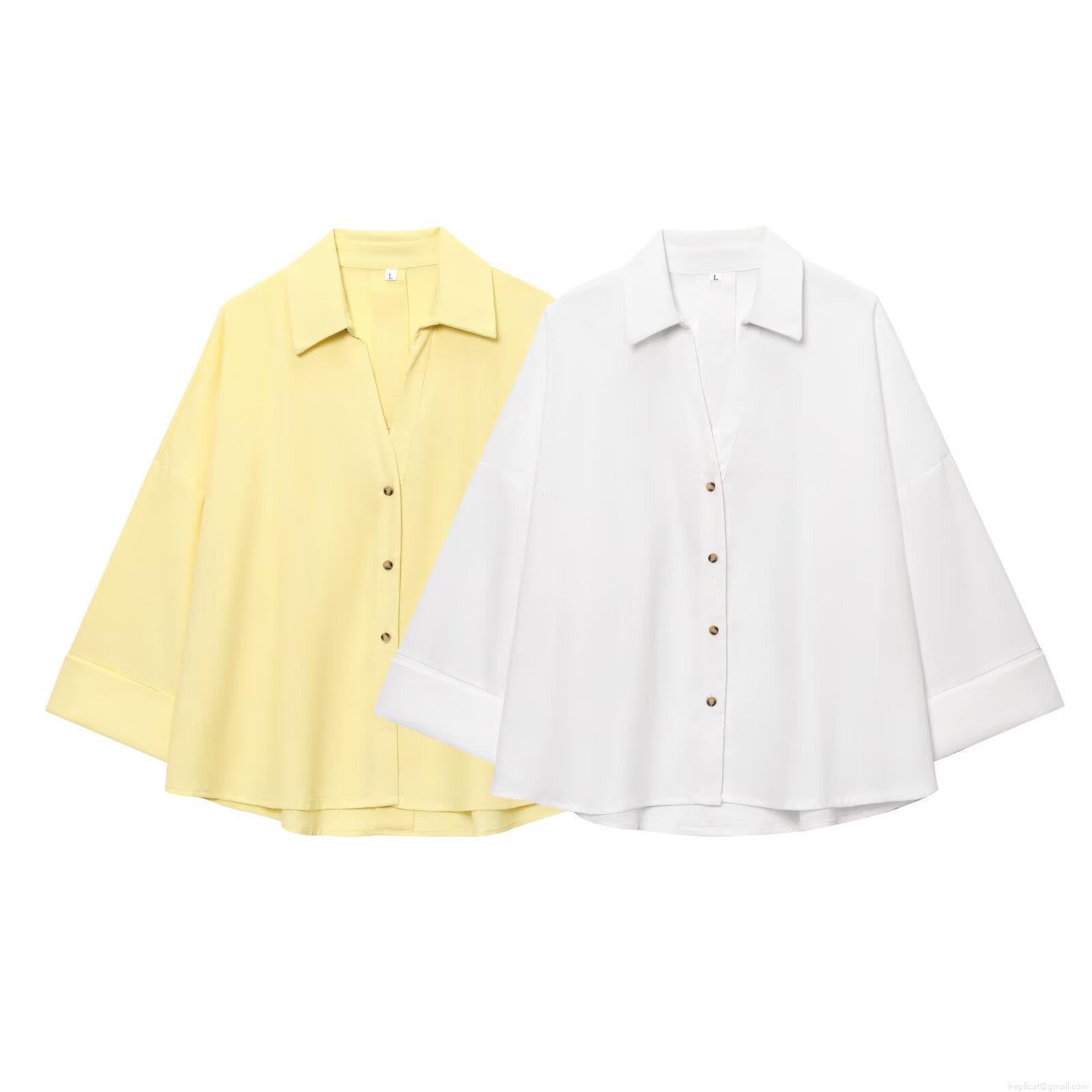 Women's Loose Oversize Blouse Linen Blend Button Down Shirt 3/4 Sleeve Solid Color Tops For Summer Casual Office Lady Fashion