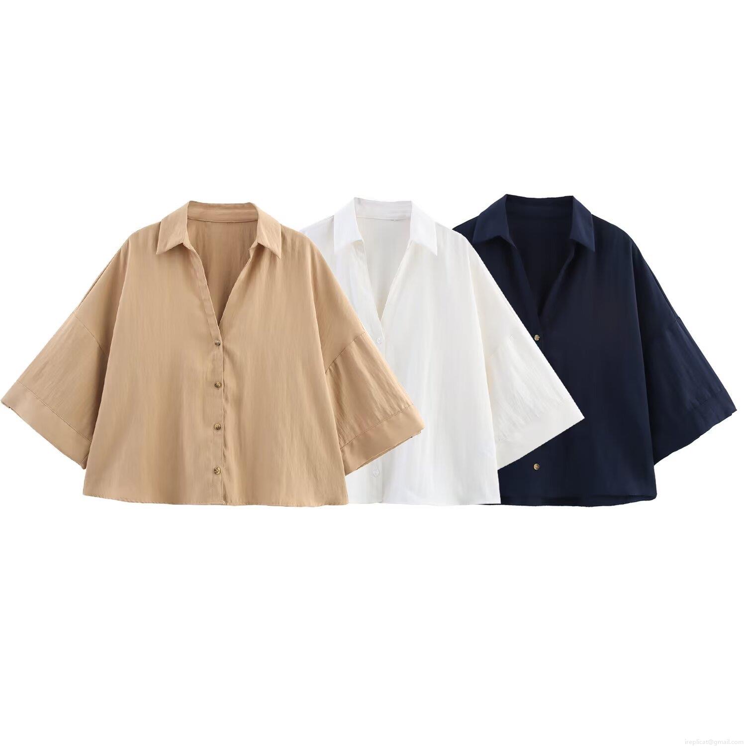 Women's Fashion Casual Short Sleeve Button Down Shirt Polyester Solid Color Loose Blouse Top For Daily Wear Lady Elegant Streetwear