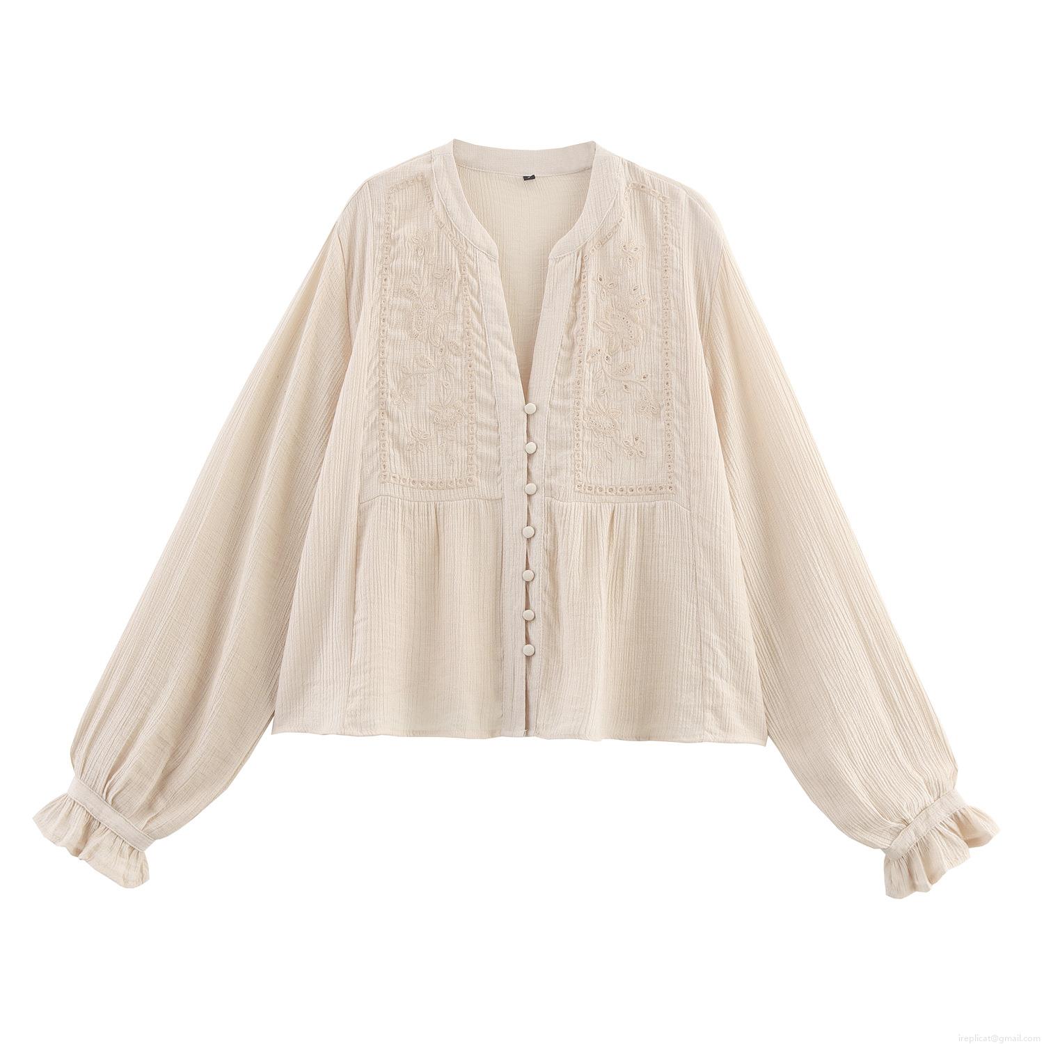 Women's Vintage Bohemian Cotton Polyester Blouse Elegant V-Neck Embroidery Flower Button Down Long Sleeve Shirt With Ruffle Cuffs Casual Chic Tops