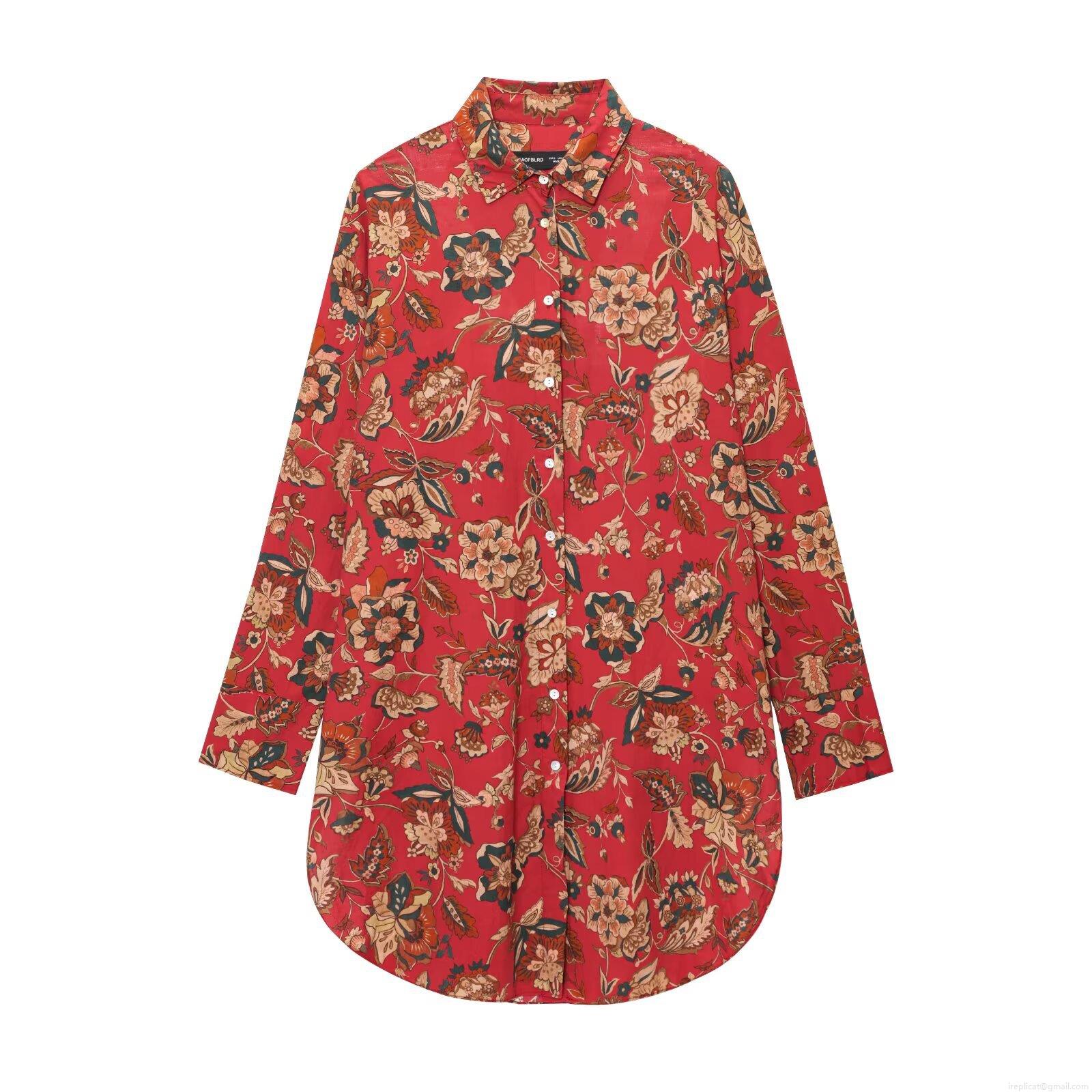 Women's Fashion Casual Long Sleeve Floral Printed Shirt Vintage Polyester Blend Button Down Longline Blouse Top For Daily Wear Streetwear