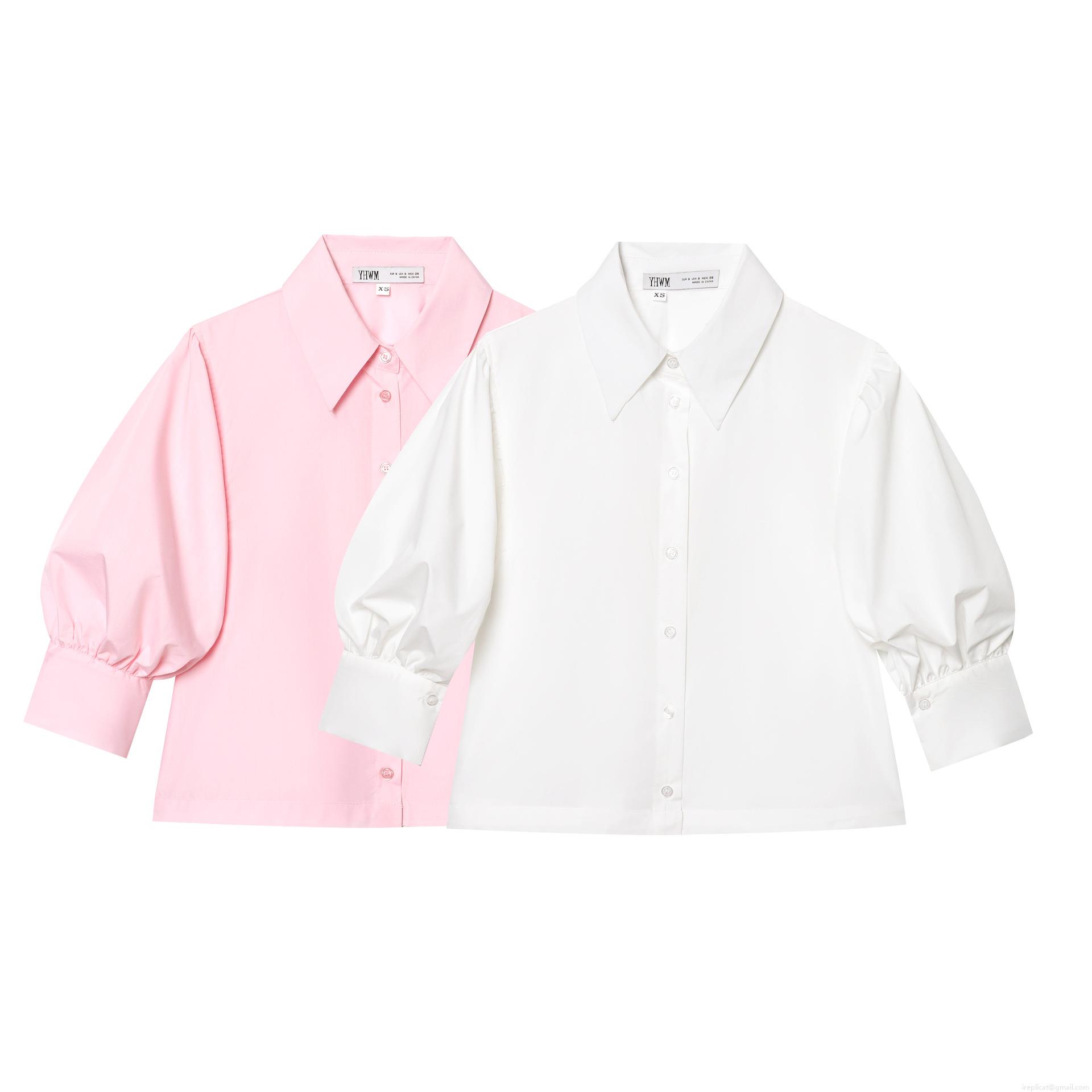 Women's Elegant Poplin Shirt Long Puff Sleeve Single-Breasted Polyester Cotton Blend Tencel-Like Blouse Solid Color Sweet Casual Office Top For Women