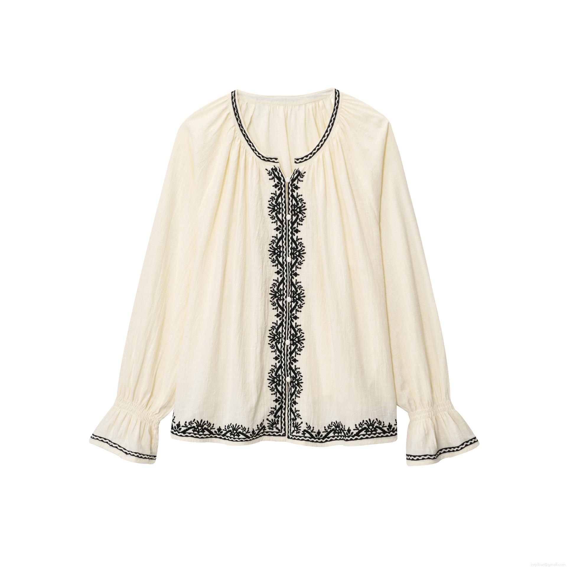 Women Vintage Embroidered Blouse Cotton Linen Blend Long Sleeve Round Neck Shirt Ruffle Cuff Loose Casual Top Cream Off-White