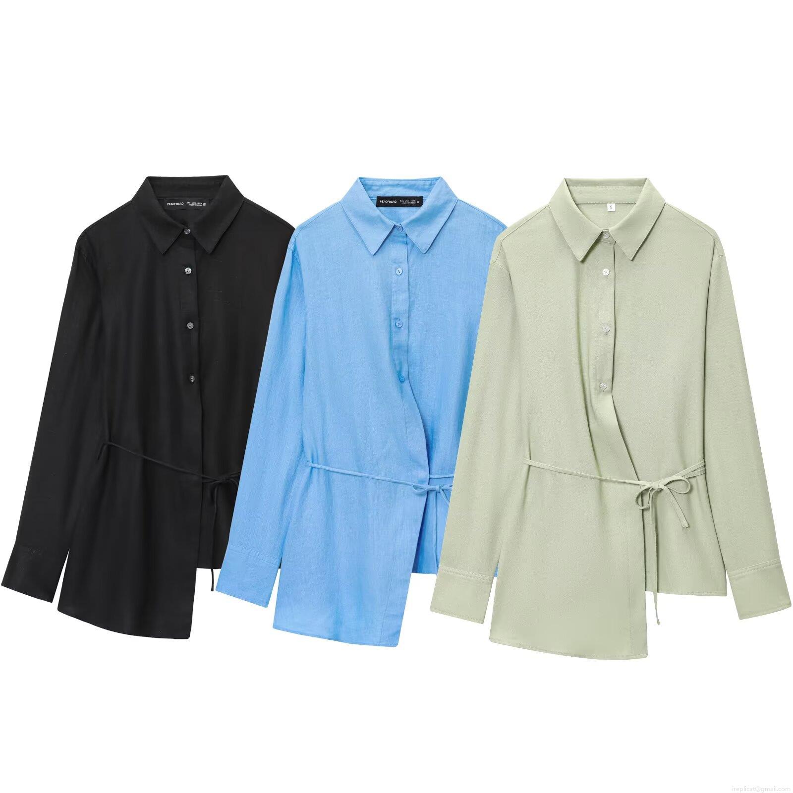 Women's Long Sleeve Shirt Cotton Linen Blend Asymmetric Hem Blouse Casual Solid Color Button Down Top with Waist Tie Elegant Ladies Office Dating Fashion Clothing