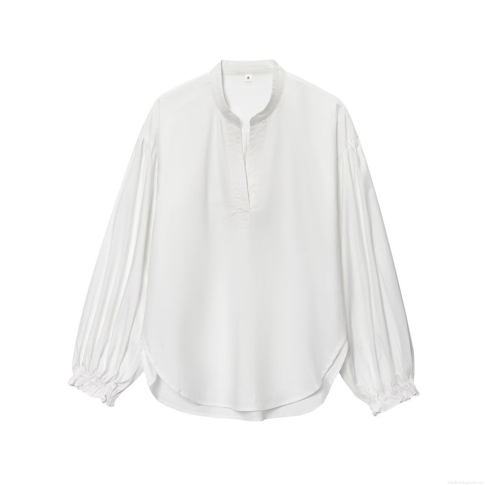 Women's V-Neck Long Sleeve Blouse Elegant Washed Cotton Polyester Shirt Bubble Sleeve Solid Color Casual Tops for Women Office Dating