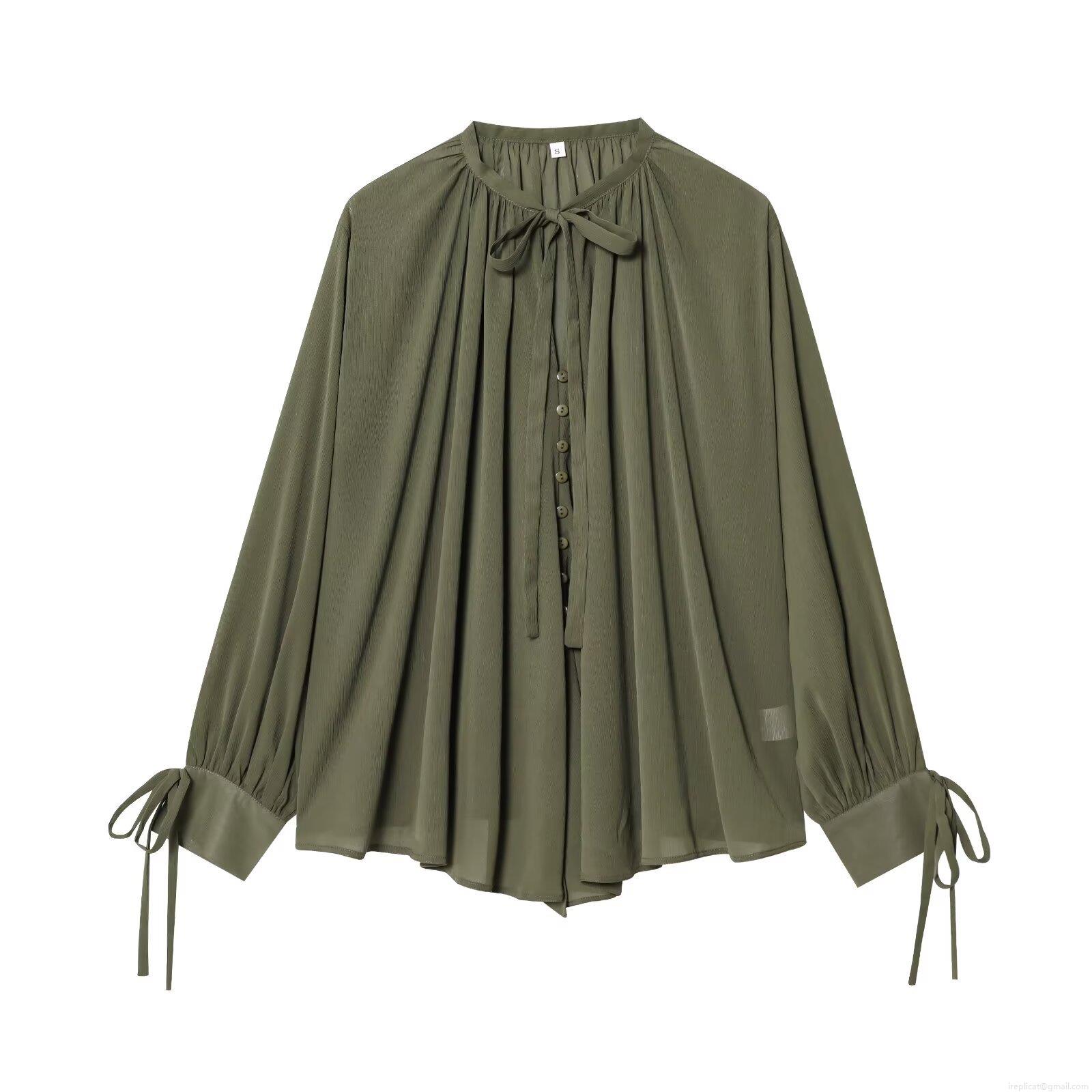 Women's Elegant Pleated Chiffon Blouse With Bow Tie Neck And Long Sleeves Solid Color Button Down Shirt Top For Office Party Lady
