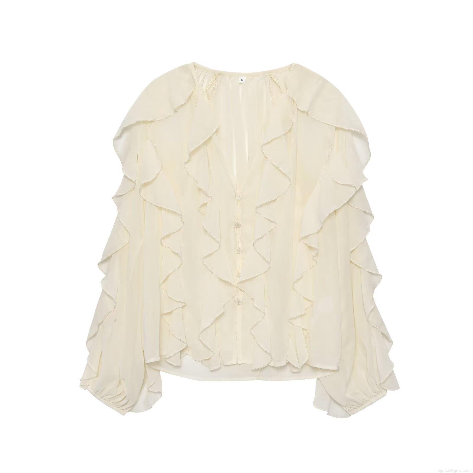 Women Elegant Ruffle Chiffon Blouse V Neck Long Sleeve Solid Color Lantern Sleeve Shirt Tops For Vacation Party Ladies Fashion