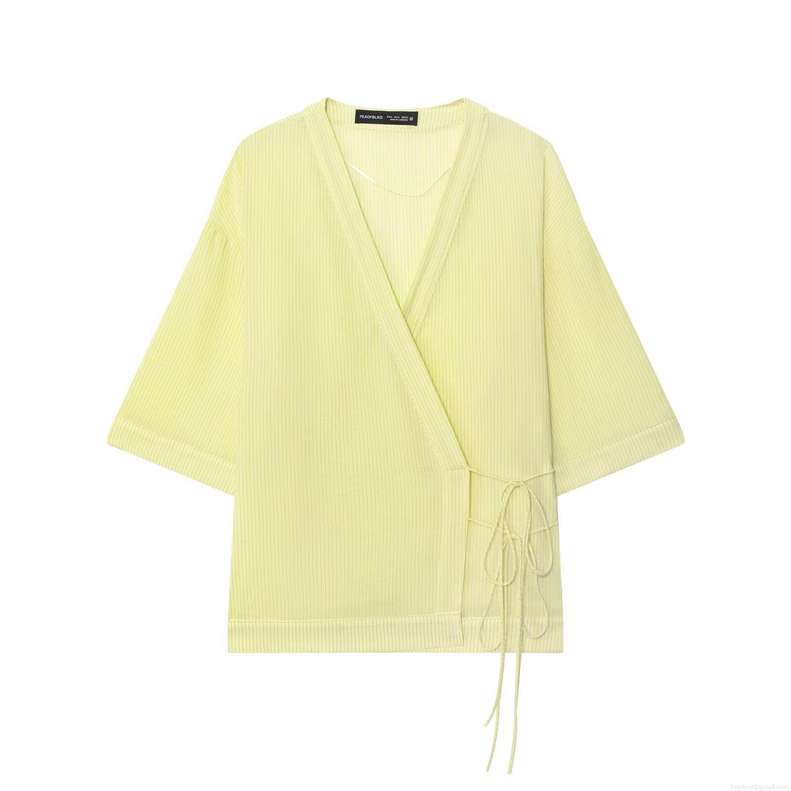 Women's Striped Kimono Style Wrap Blouse Slub Cotton V-Neck 3/4 Sleeve Casual Tie Side Bow Shirt For Daily Vacation Light Yellow Top