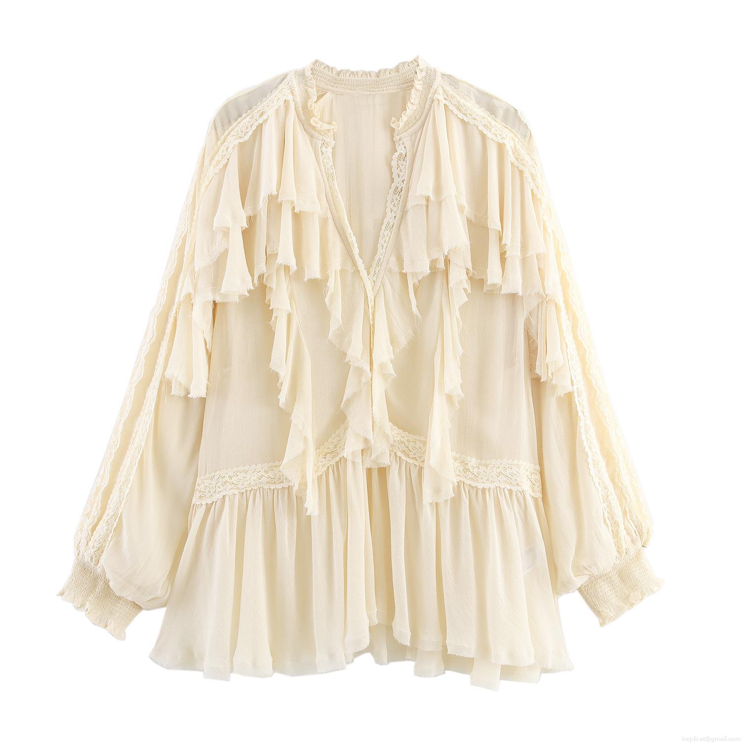 Women's Lace Splicing V Neck Blouse Ruffle Layered Long Sleeve Shirt Elegant Chiffon Polyester Top For Office Party Dating Lady Fashion Retro Style