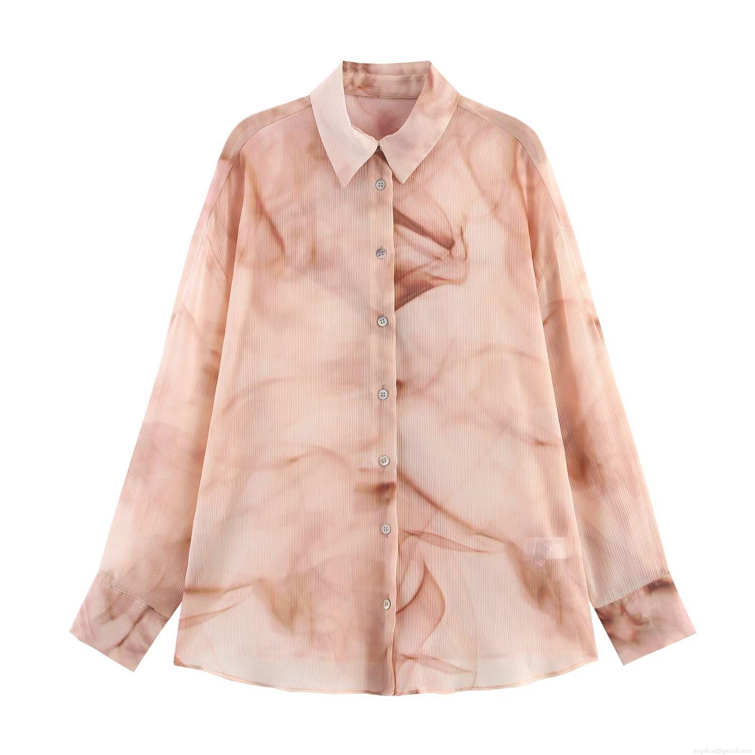 Women's Long Sleeve Button Down Shirt Chiffon Marble Print Blouse Casual Lapel Top Fashion Tie-Dye Smock for Daily Work Streetwear Women Clothing