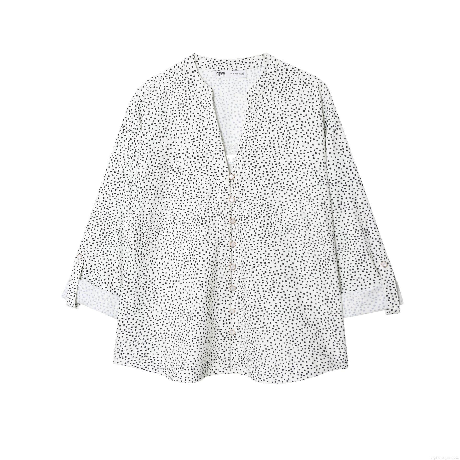 Women Fashion Polka Dot Blouse V Neck Long Sleeve Roll Up Shirt With Pearl Buttons Casual Office Wear Elegant White Black Printed Tops