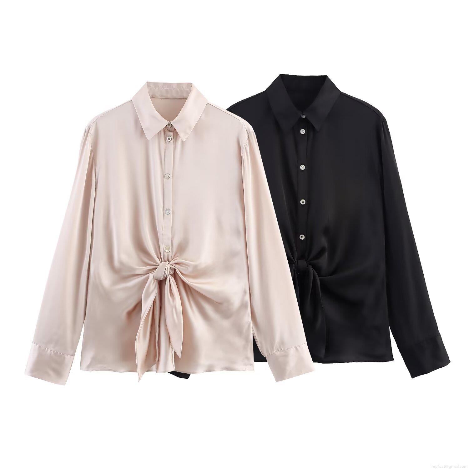 Elegant Women's Satin Polyester Blouse Long Sleeve Shirt Collar Front Knot Waist Tie Casual Chic Socialite Top for Party Dating