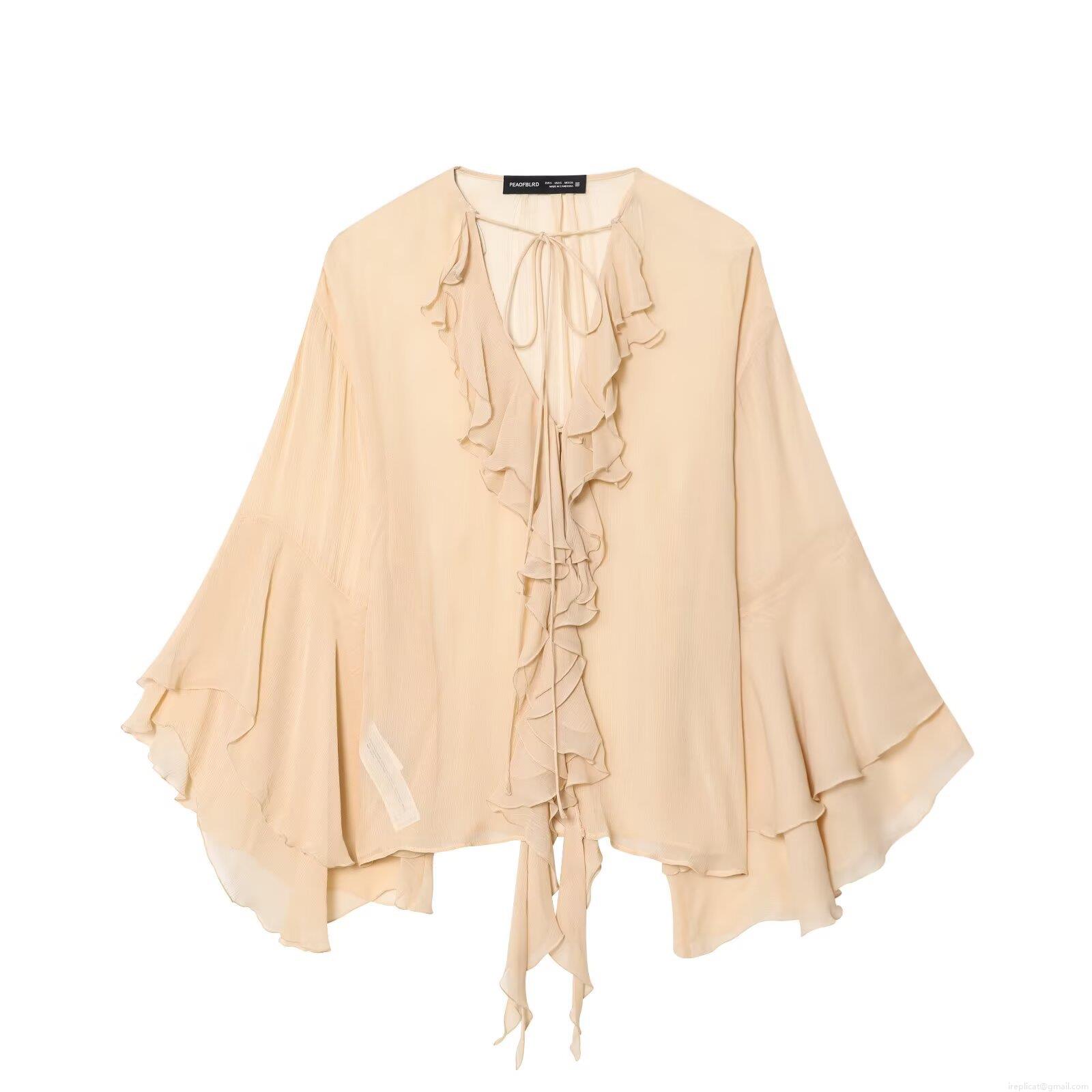 Women's Elegant V Neck Ruffle Blouse Flared Long Sleeve Chiffon Shirt Tie Front Casual Pullover Top Solid Color Lightweight Breathable Spring Autumn Fashion Clothing