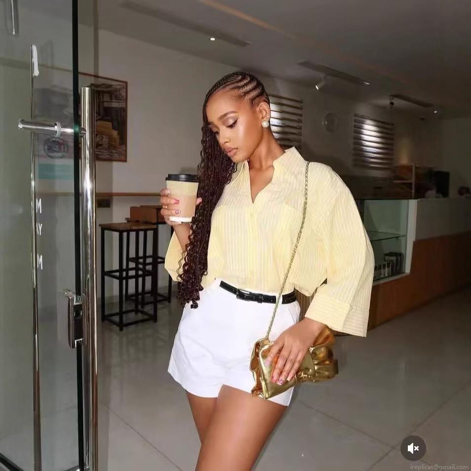 Women's Casual Yellow White Striped V-Neck Blouse Shirt With Dual Patch Pockets Wide Sleeve Button Down Loose Fit Spring Fashion Top For Ladies