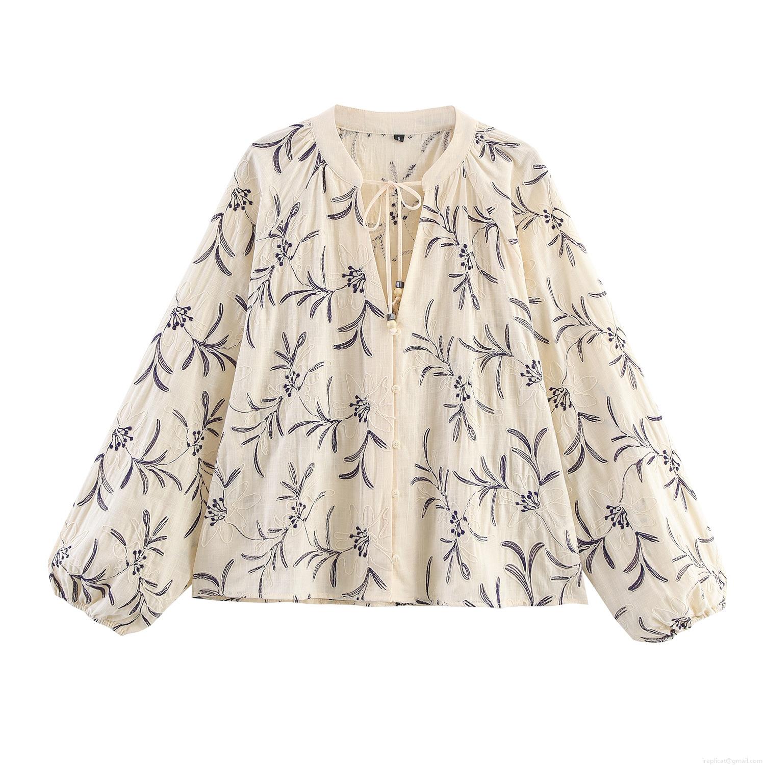 Women's Vintage Floral Embroidered Blouse 85% Cotton Blend Lantern Sleeve Shirt Bohemian Casual Round Neck Long Sleeve Top For Daily Fashion