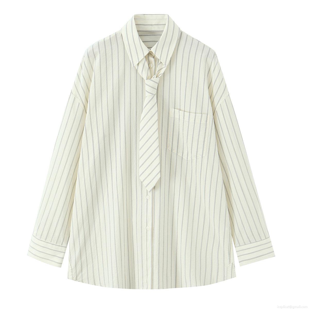 Women's Loose Casual Striped Long Sleeve Shirt With Matching Tie Cotton Blend Oversized Button Down Blouse Top For Office School Streetwear