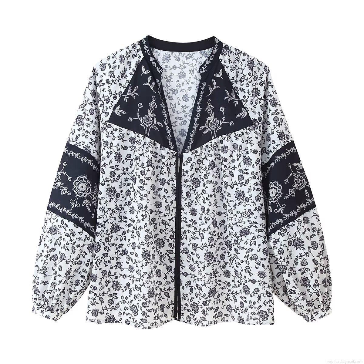 Women's Floral Print Blouse Polyester V-Neck Tie-Up Long Sleeve Shirt Bohemian Retro Casual Patchwork Top Elegant Floral Patterned Blouse For Summer Vacation