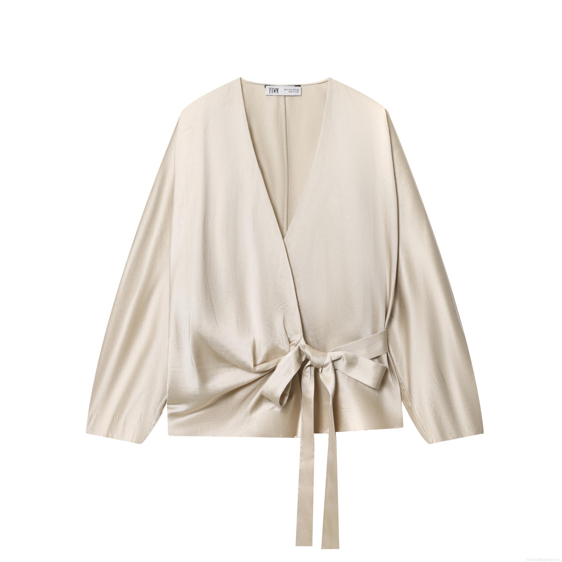 Women's Elegant Satin Wrap Blouse Long Sleeve V-Neck Tie Waist Bow Shirt For Daily Party Socialite Women Top