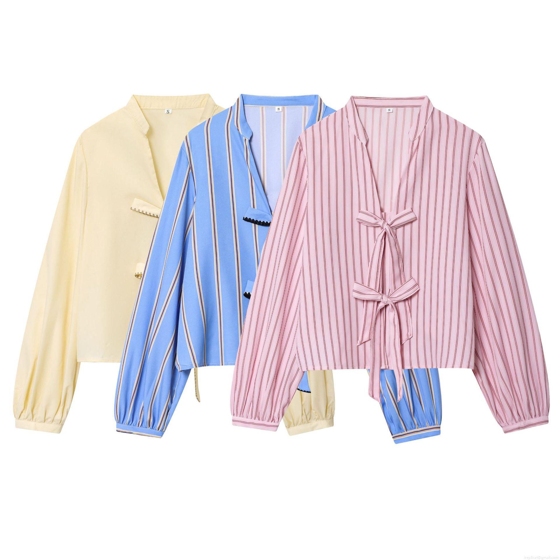 Women's Striped V Neck Long Sleeve Blouse Elegant Sweet Bow Tie Front Polyester Shirt Casual Daily Work Tops For Lady