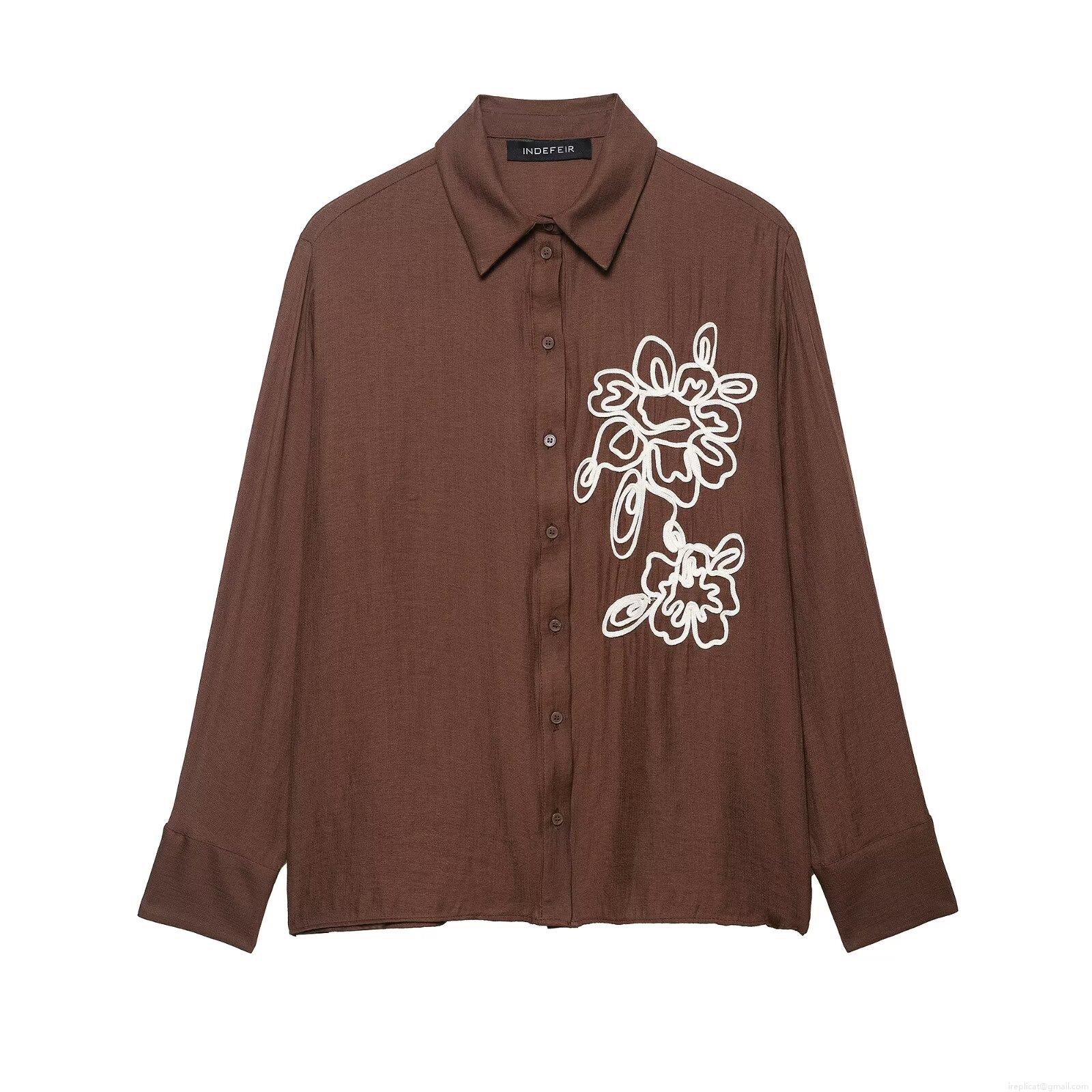 Women Elegant Floral Embroidery Blouse Textured Long Sleeve Button Down Shirt Polyester Fabric Top For Daily Office Wear
