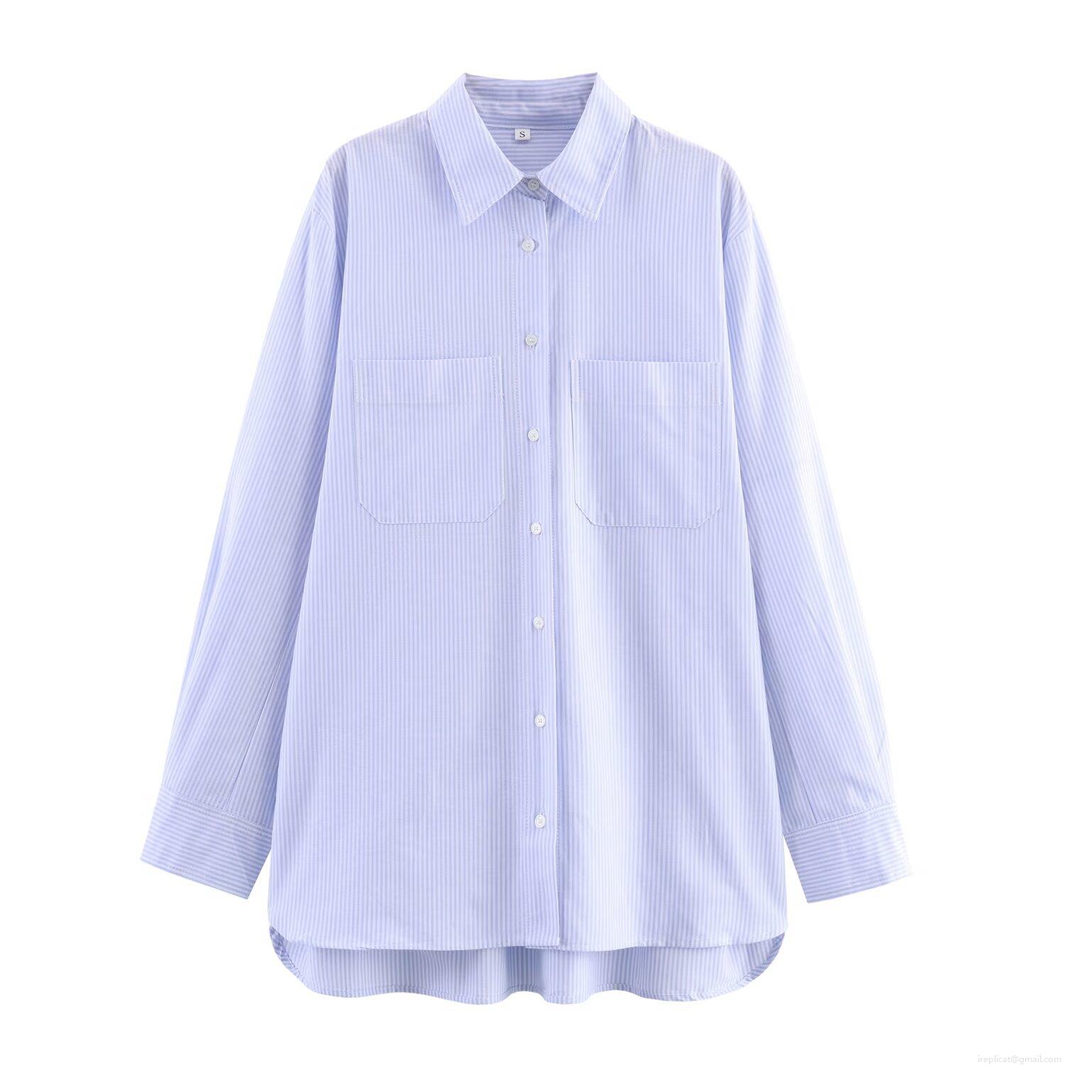 Women's Striped Long Sleeve Button Down Shirt Polyester Blend Casual Blouse With Double Pockets For Office Lady Spring Daily Wear
