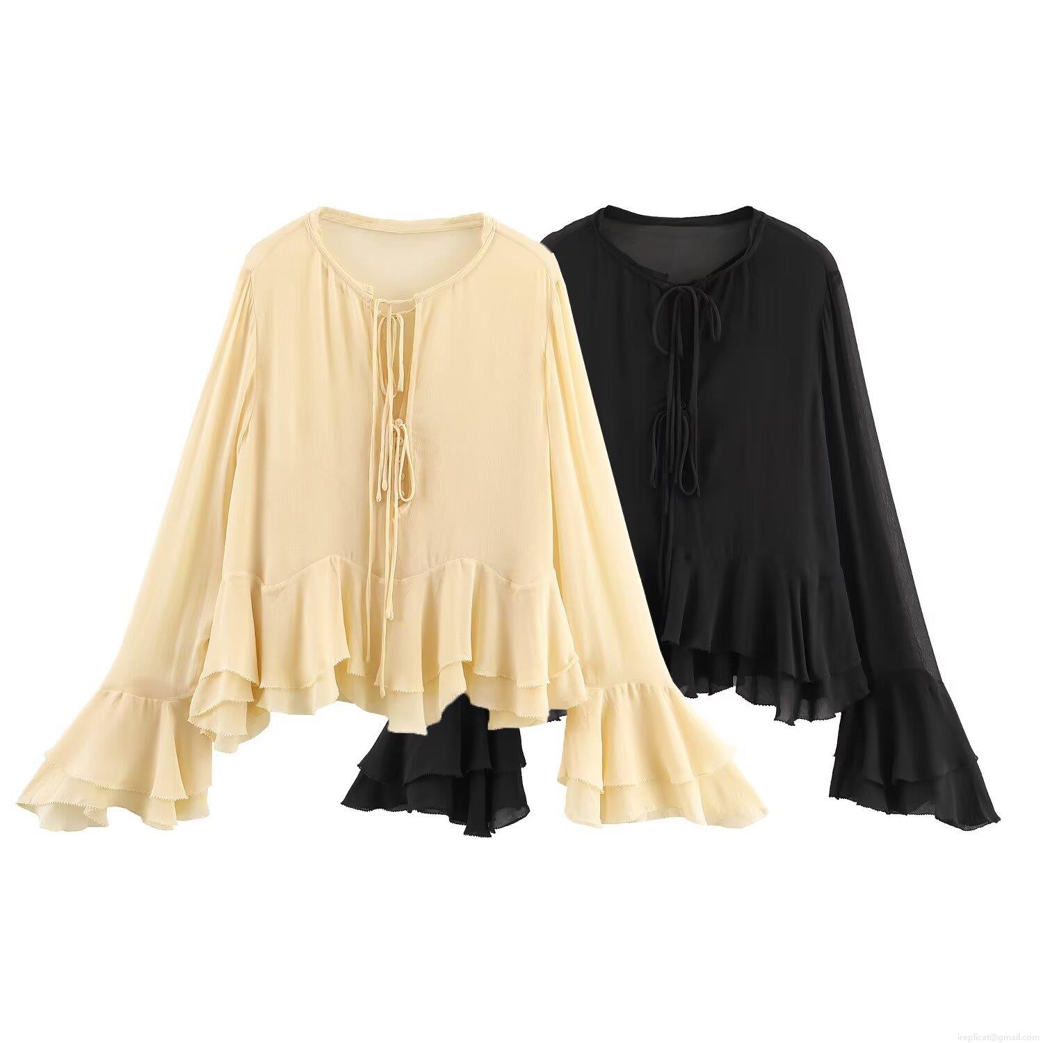 Women's Elegant Ruffle Chiffon Blouse Long Flare Sleeve Tie Neck Layered Top Solid Color Sweet Bohemian Shirt for Daily Party