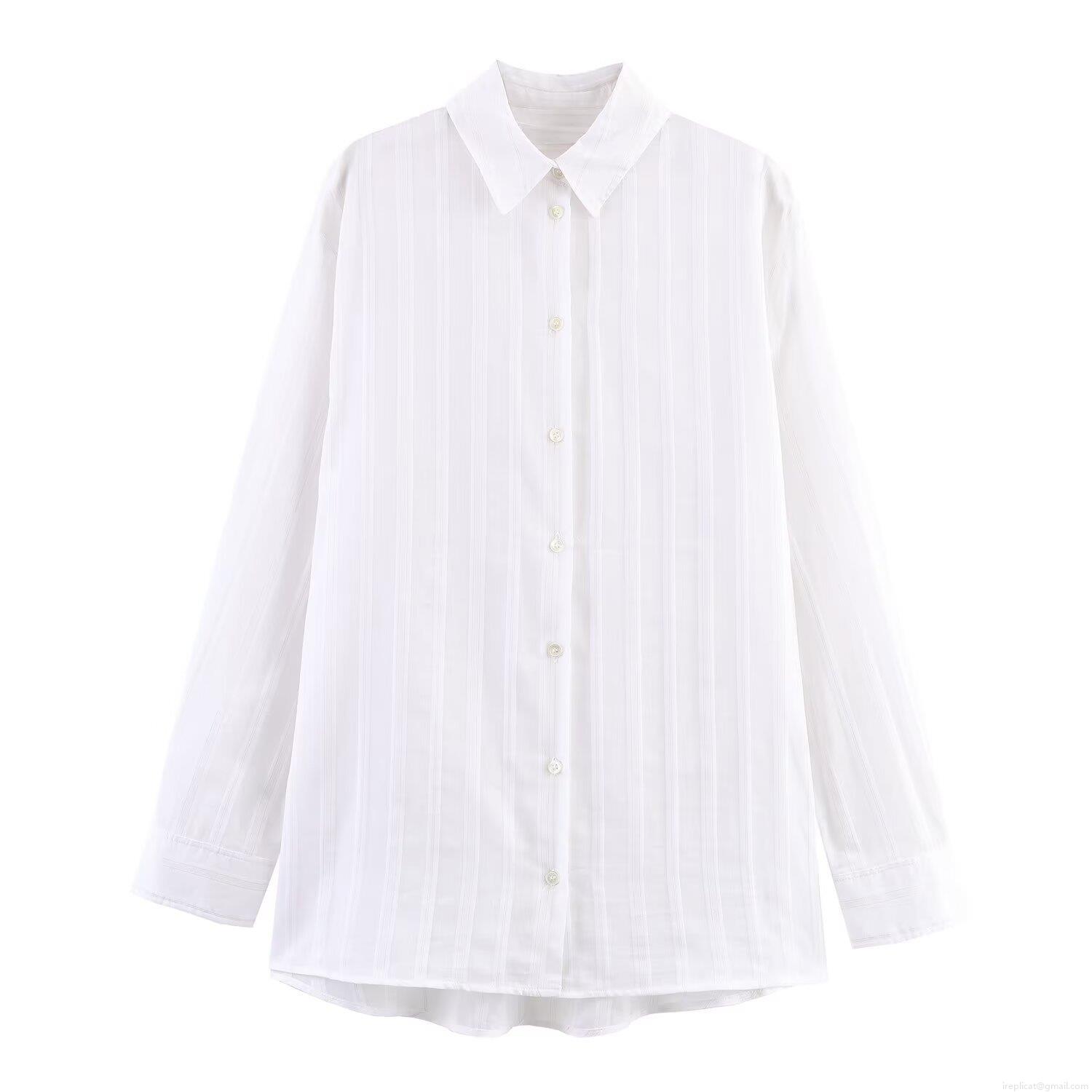 Women's Vertical Striped Long Sleeve Shirt Elegant Lapel Button Down Blouse Casual Loose Polyester Office Work Tops For Ladies White