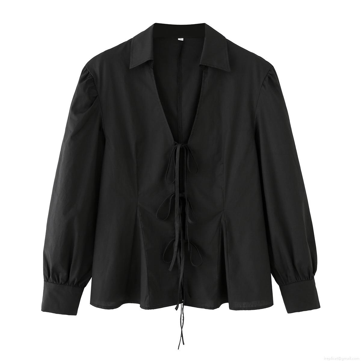 Women's French Retro 100% Cotton Poplin Blouse Deep V-Neck Bow Tie Front Long Sleeve Shirt Slim Fit Waist Solid Color Casual Elegant Top