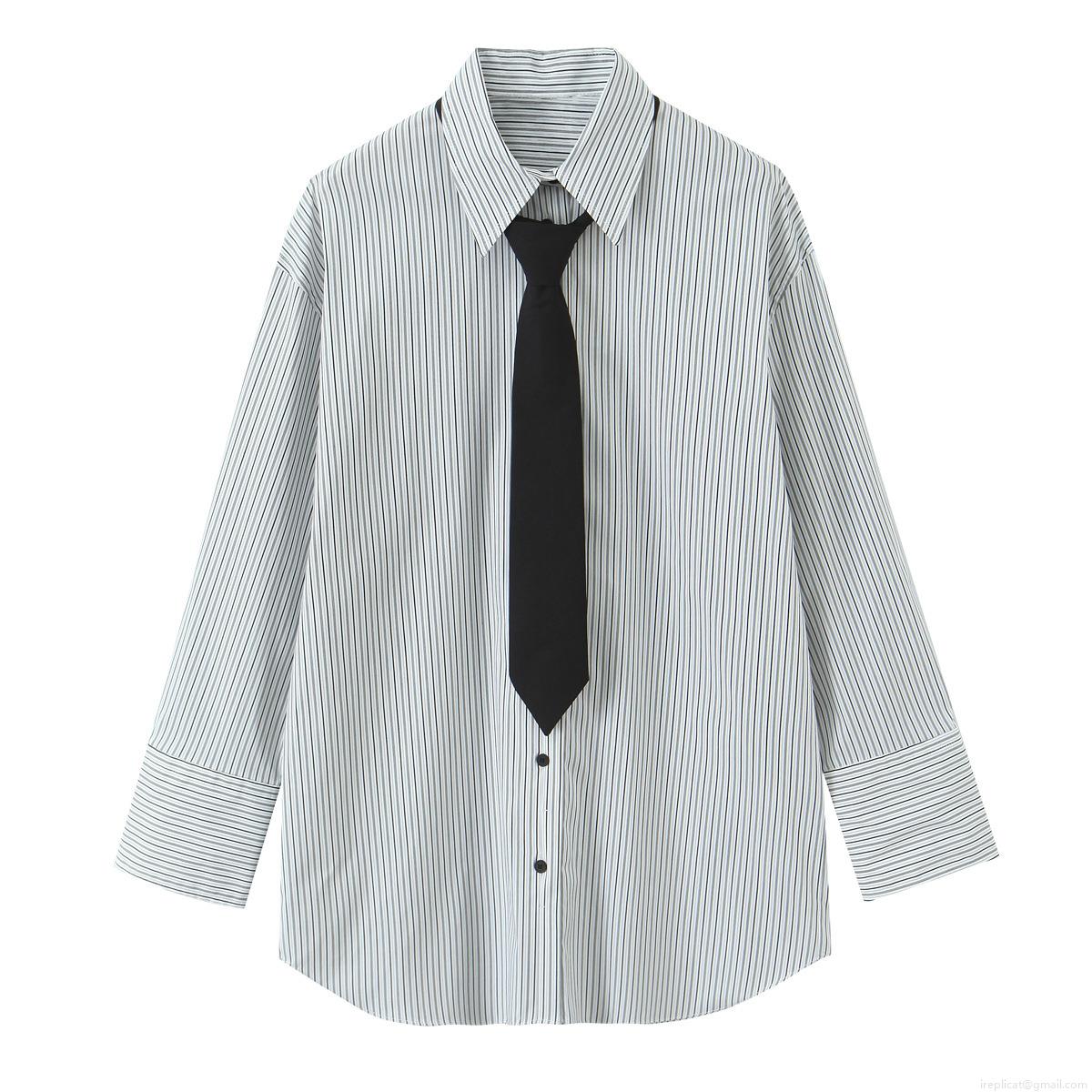Women's Striped Long Sleeve Poplin Shirt With Black Tie Office Lady Casual Button Down Oversized Blouse Top For Work Daily Casual Wear