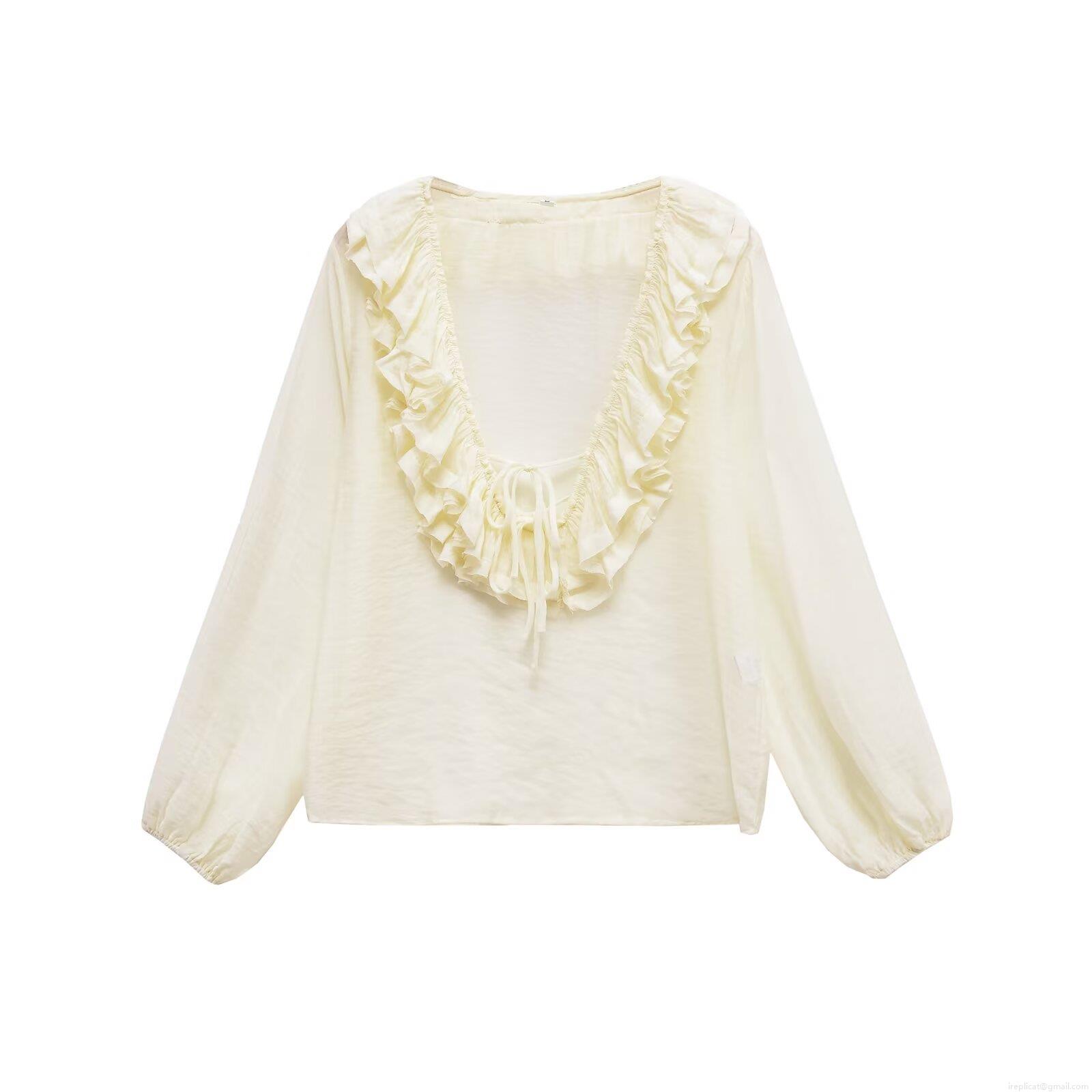 French Style V Neck Ruffle Layered Long Sleeve Blouse Women 100% Polyester Solid Color Sweet Elegant Tops For Casual Party Daily Wear
