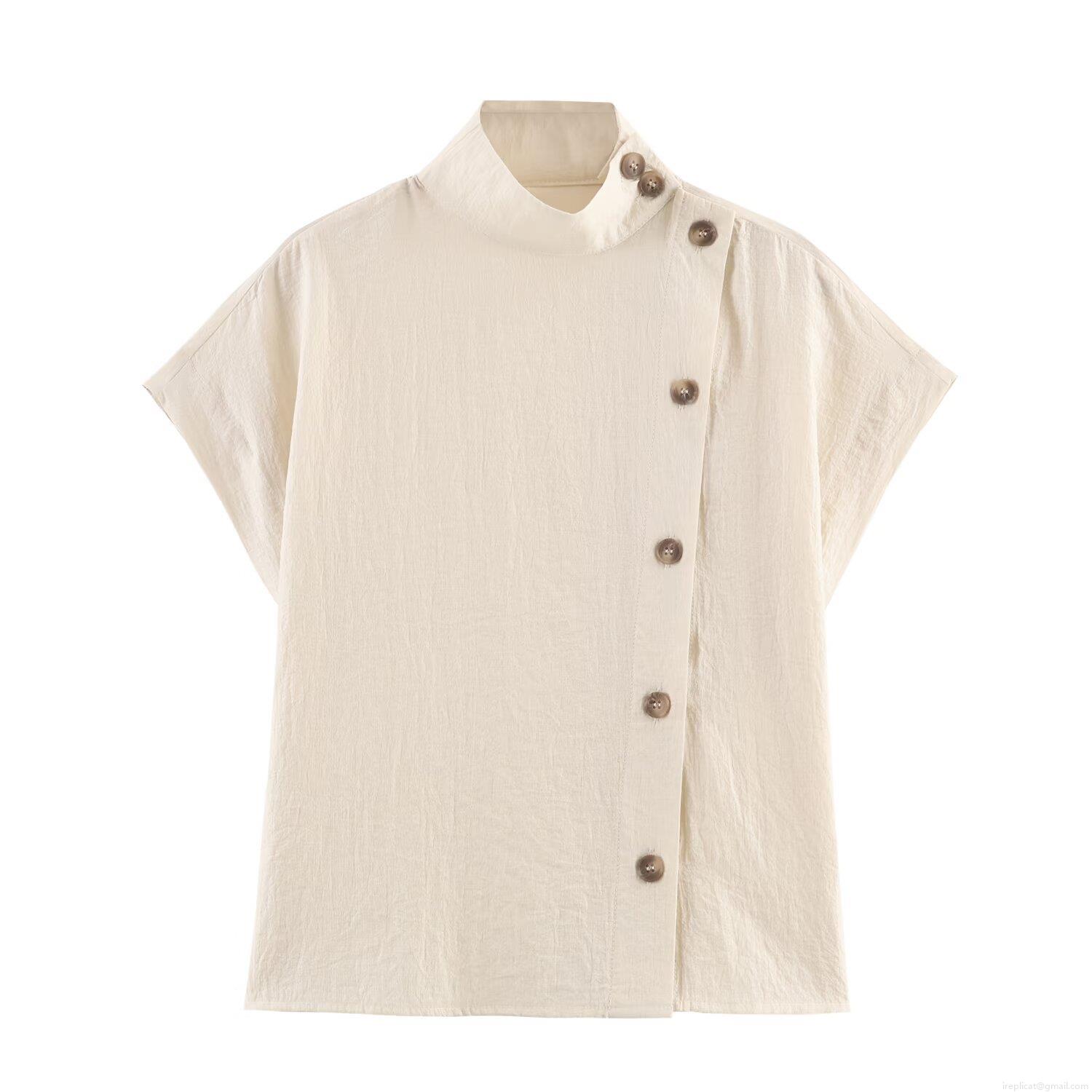 Women's Elegant Stand Collar Short Sleeve Blouse Minimalist Side Button Up Top Solid Color Casual Office Shirt Polyester Cotton Linen Feel