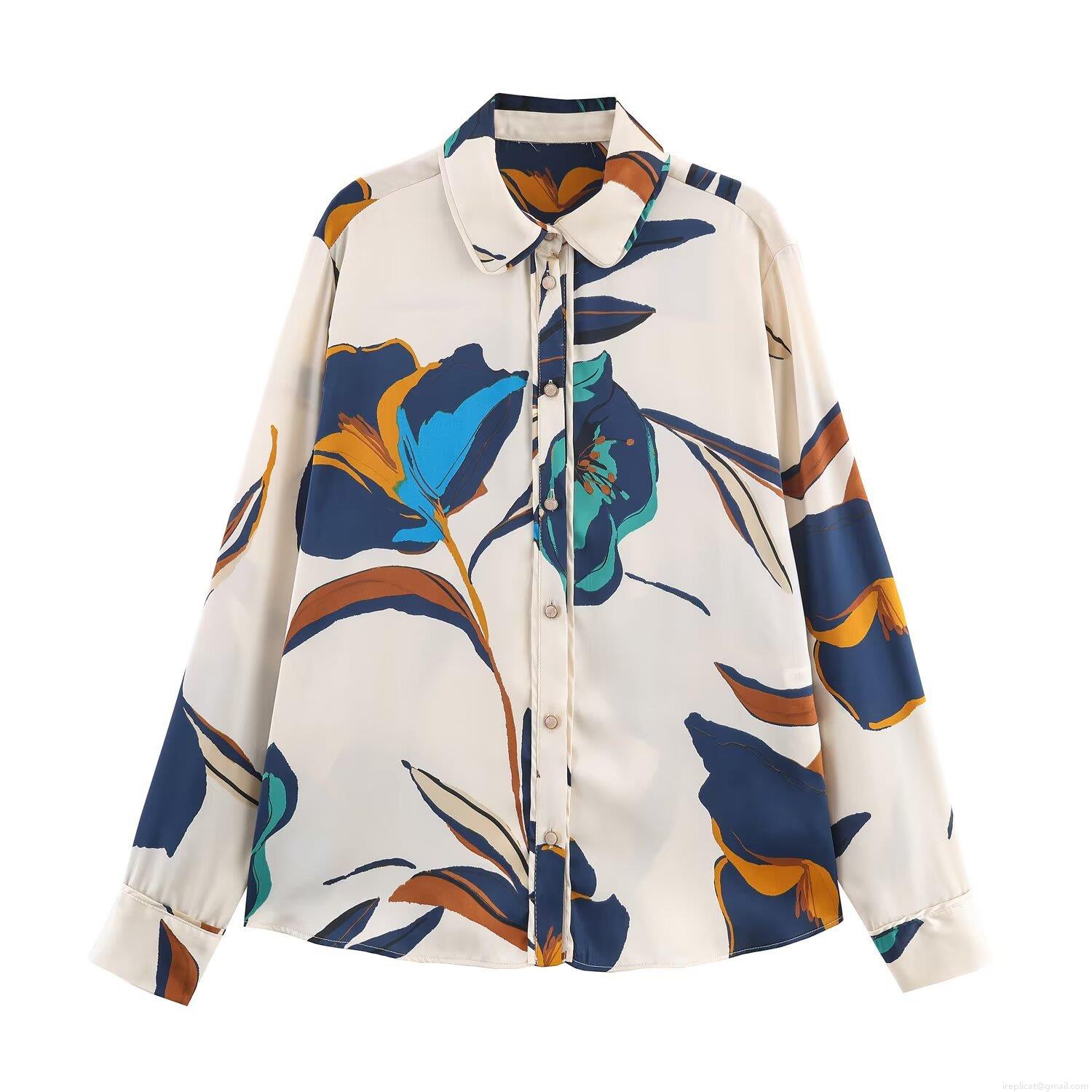Women's Floral Print Satin Shirt Elegant Long Sleeve Button Down Blouse Vintage Cream Abstract Tops For Office Daily Party Lady Fashion