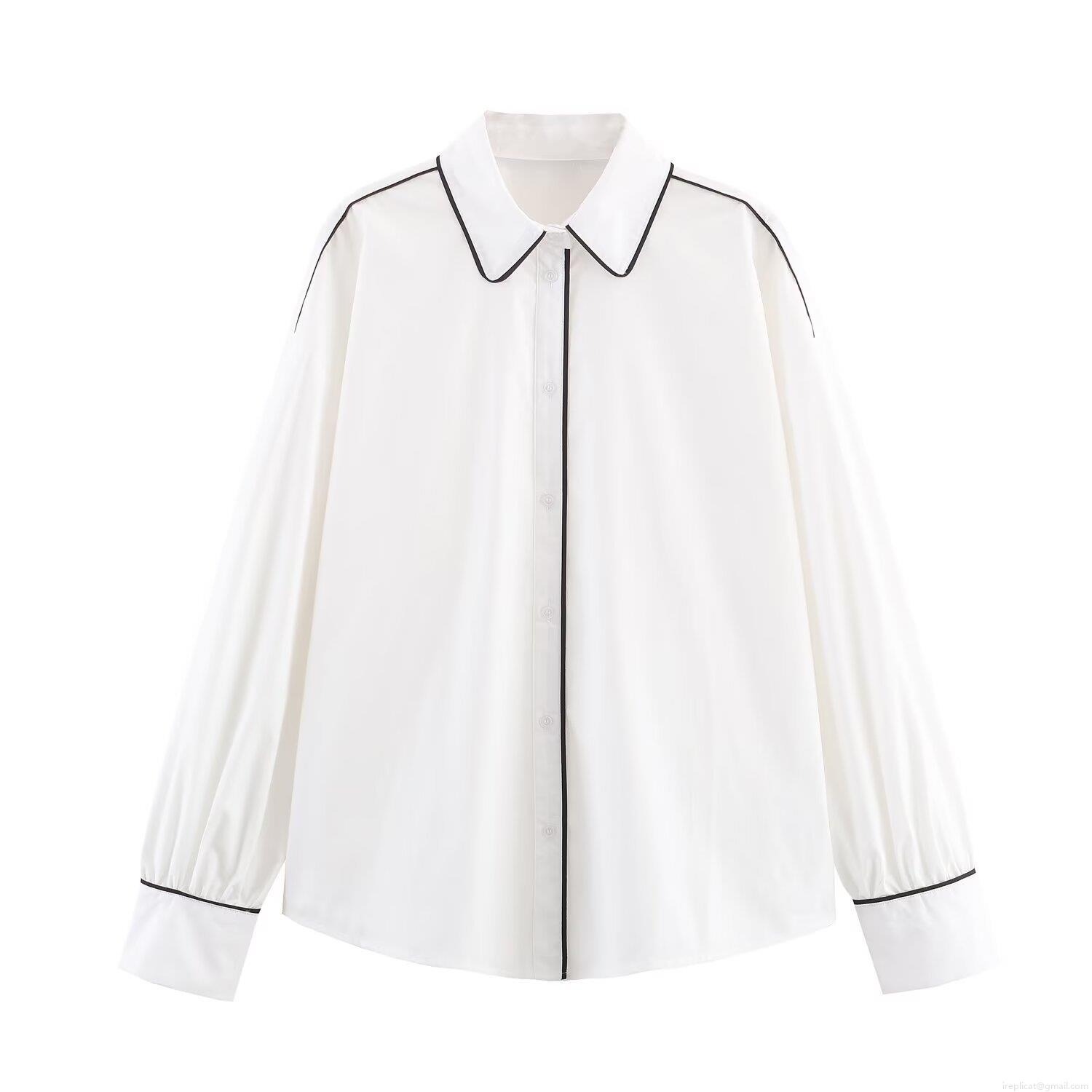 Women's Poplin Long Sleeve Blouse Contrast Trim Button Down Shirt Elegant Office Casual Minimalist Top For Ladies