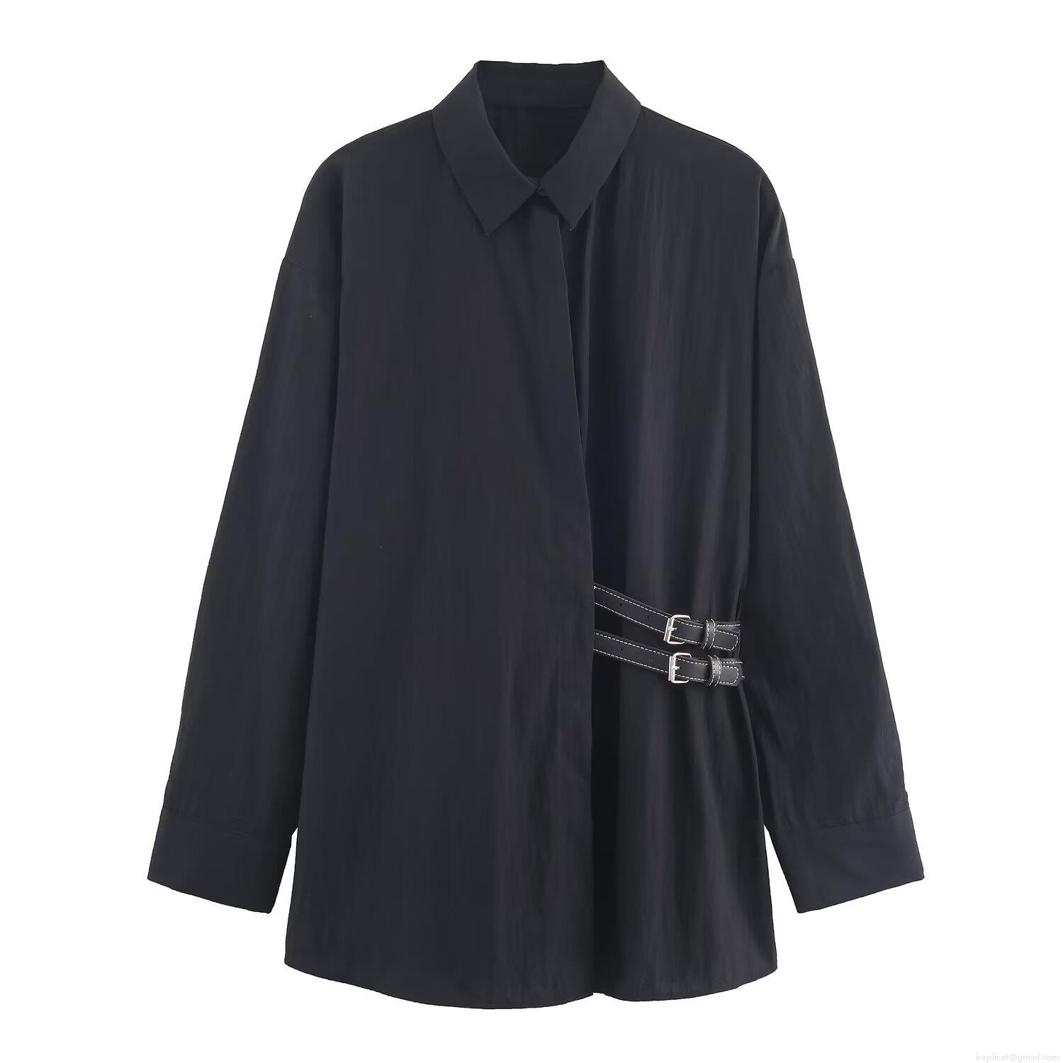 Women's Long Sleeve Shirt Nylon Cotton Blend Poplin Blouse With Side Metal Buckle Straps Fashion Casual Solid Color Top For Ladies