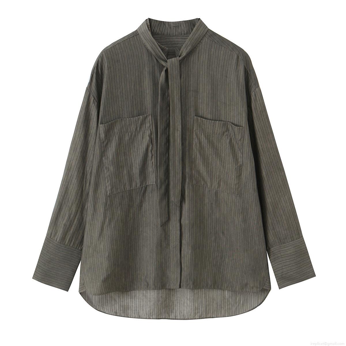 Women's Striped Long Sleeve Shirt Elegant Tie Neck Blouse With Dual Pockets Casual Button Up Top For Office Daily Commute Lady Polyester Clothing