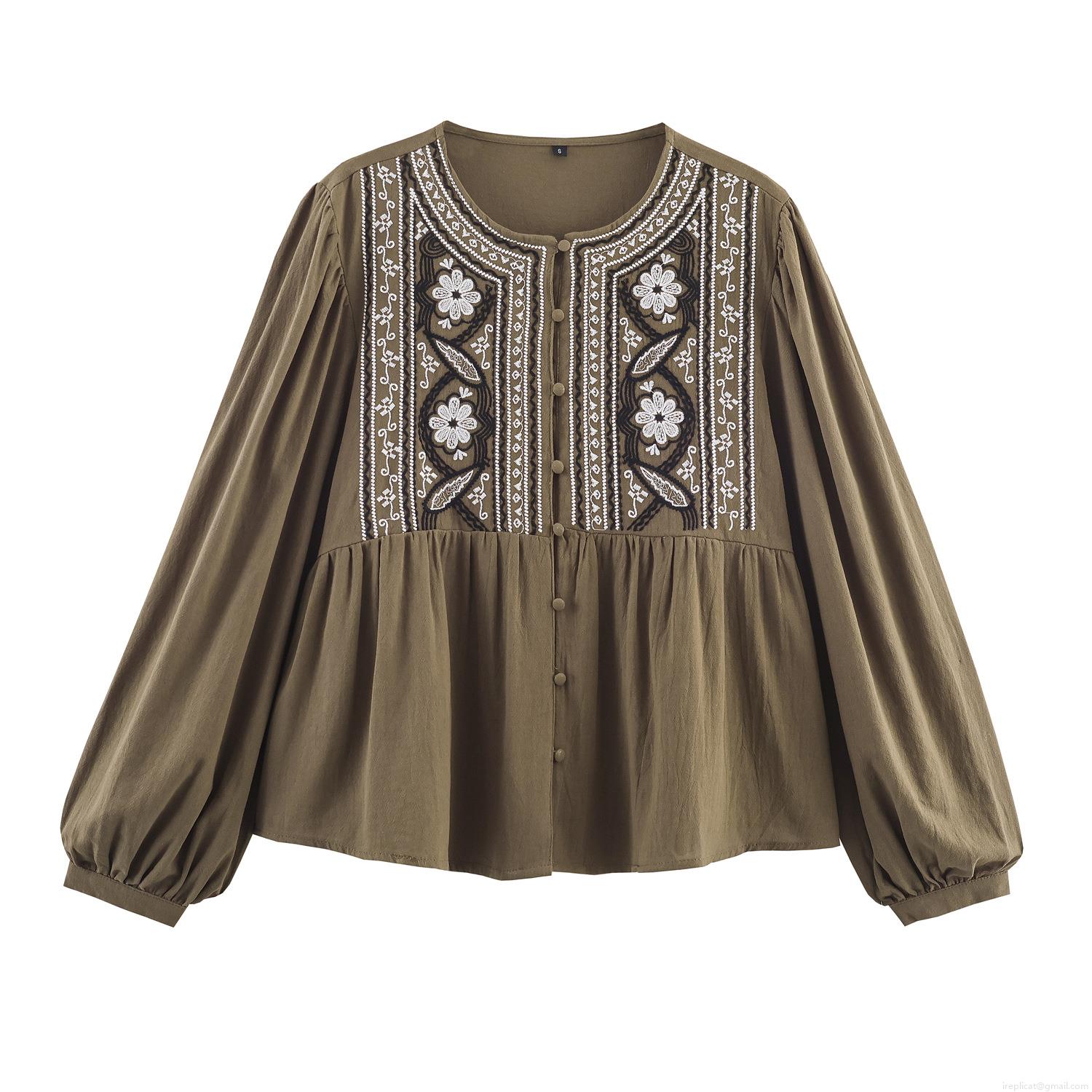 Women's Bohemian Vintage Floral Embroidery Blouse Cotton Blend Long Sleeve Round Neck Single Breasted Casual Shirt Olive Green Tops