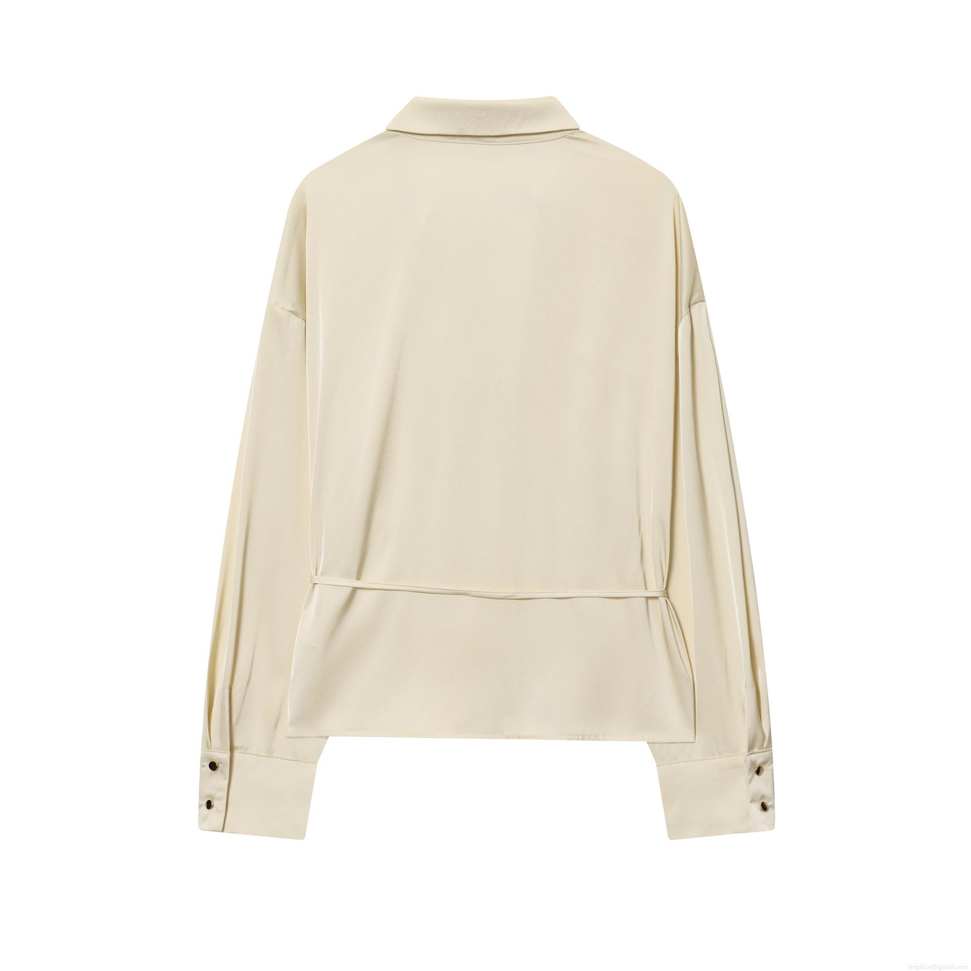 Women's Elegant Satin Blouse Long Sleeve V-Neck Shirt With Drawstring Waist Belt Solid Color Office Daily Casual Tops For Women