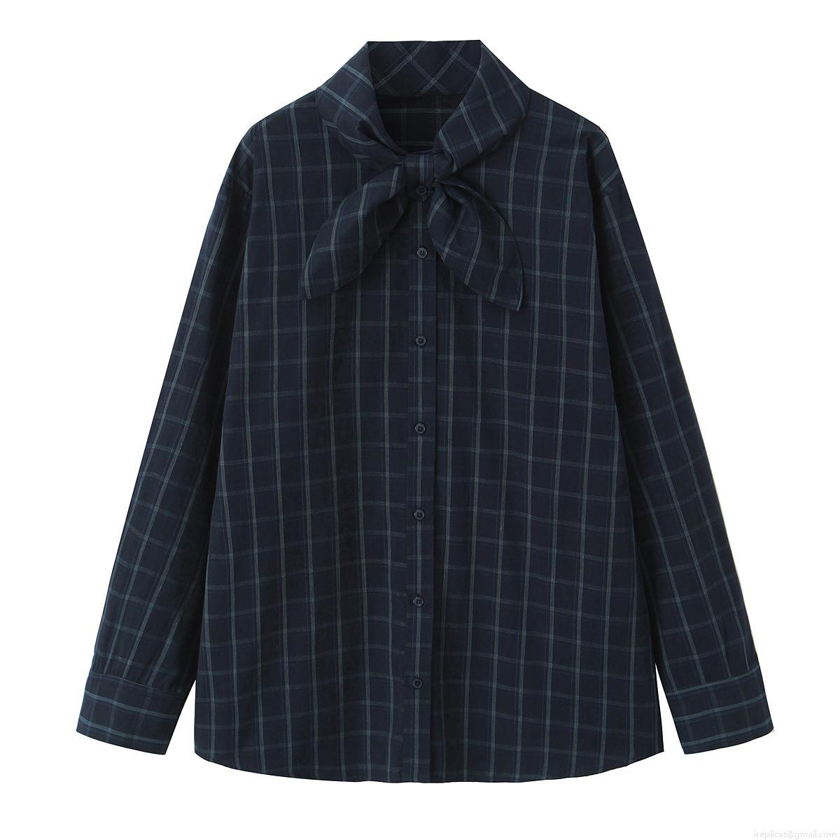 Women's Retro Plaid Poplin Blouse Long Sleeve Button Down Shirt With Bow Tie Neck Elegant Office Lady Commuter Tops Navy Blue