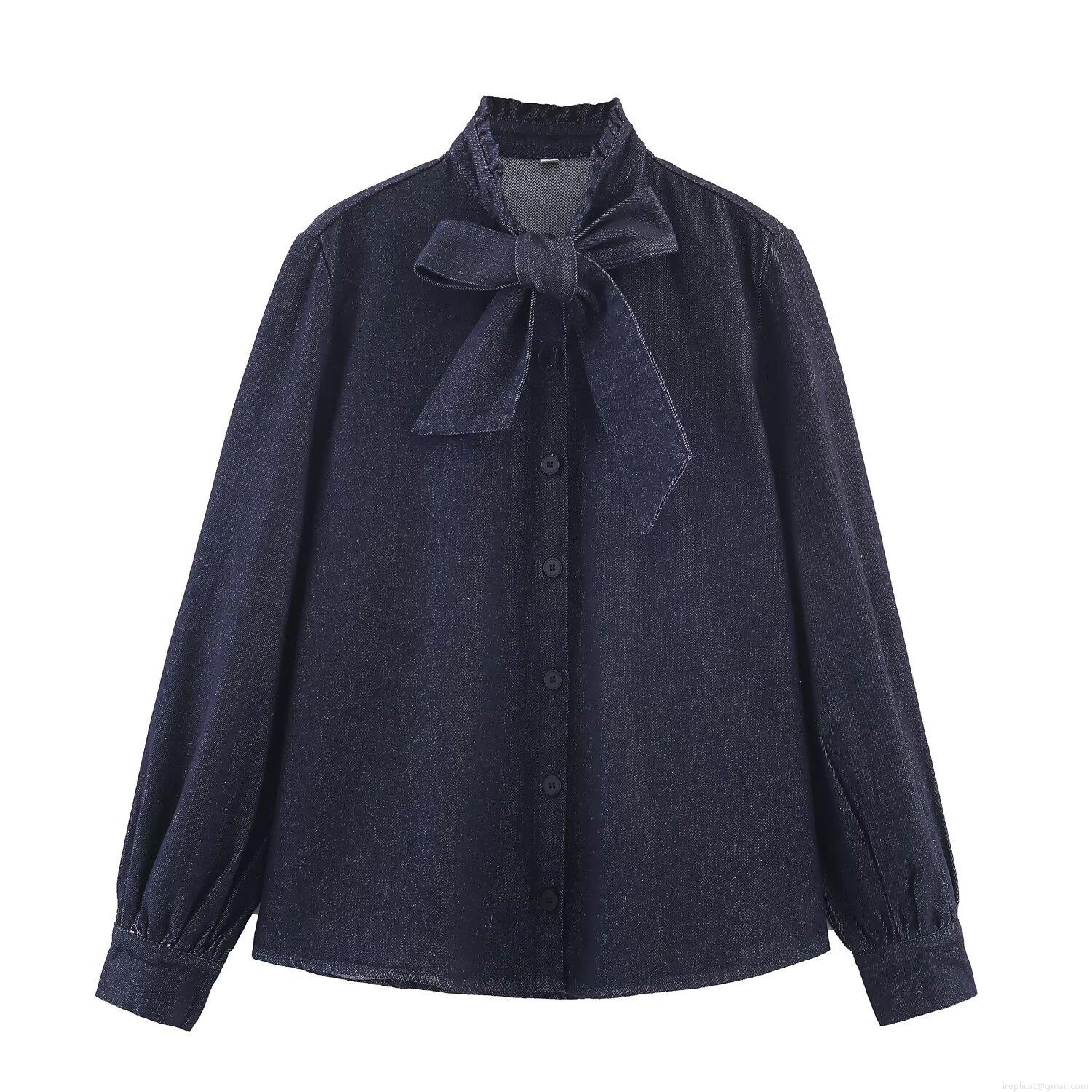 Women's Dark Blue Denim Shirt Elegant Bow-Tie Neck Long Sleeve Single Breasted Blouse Sweet Socialite Style Casual Fashion Top For Lady Spring Autumn