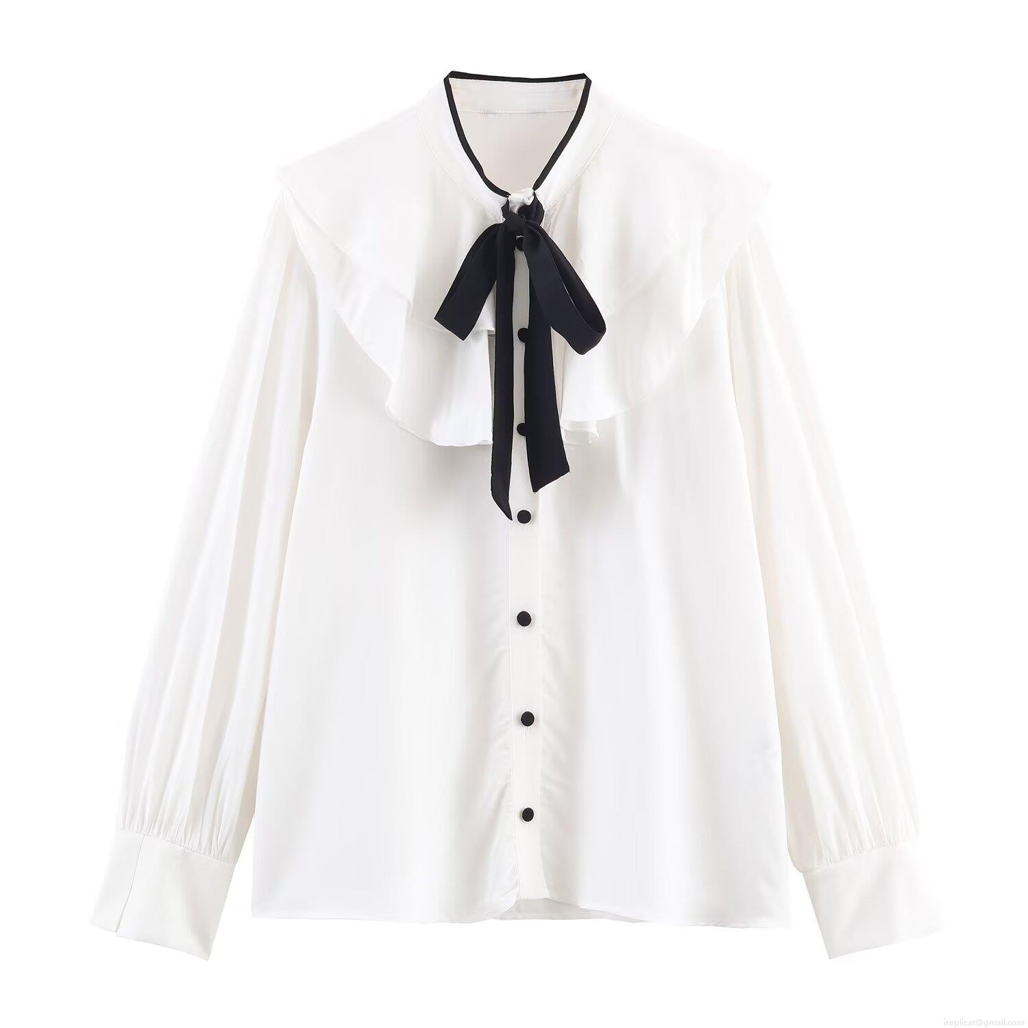 Women's Elegant Polyester Blouse Shirt Contrast Bow Tie Ruffle Trim Long Sleeve Single Breasted Casual Office Daily Tops For Women Ladies