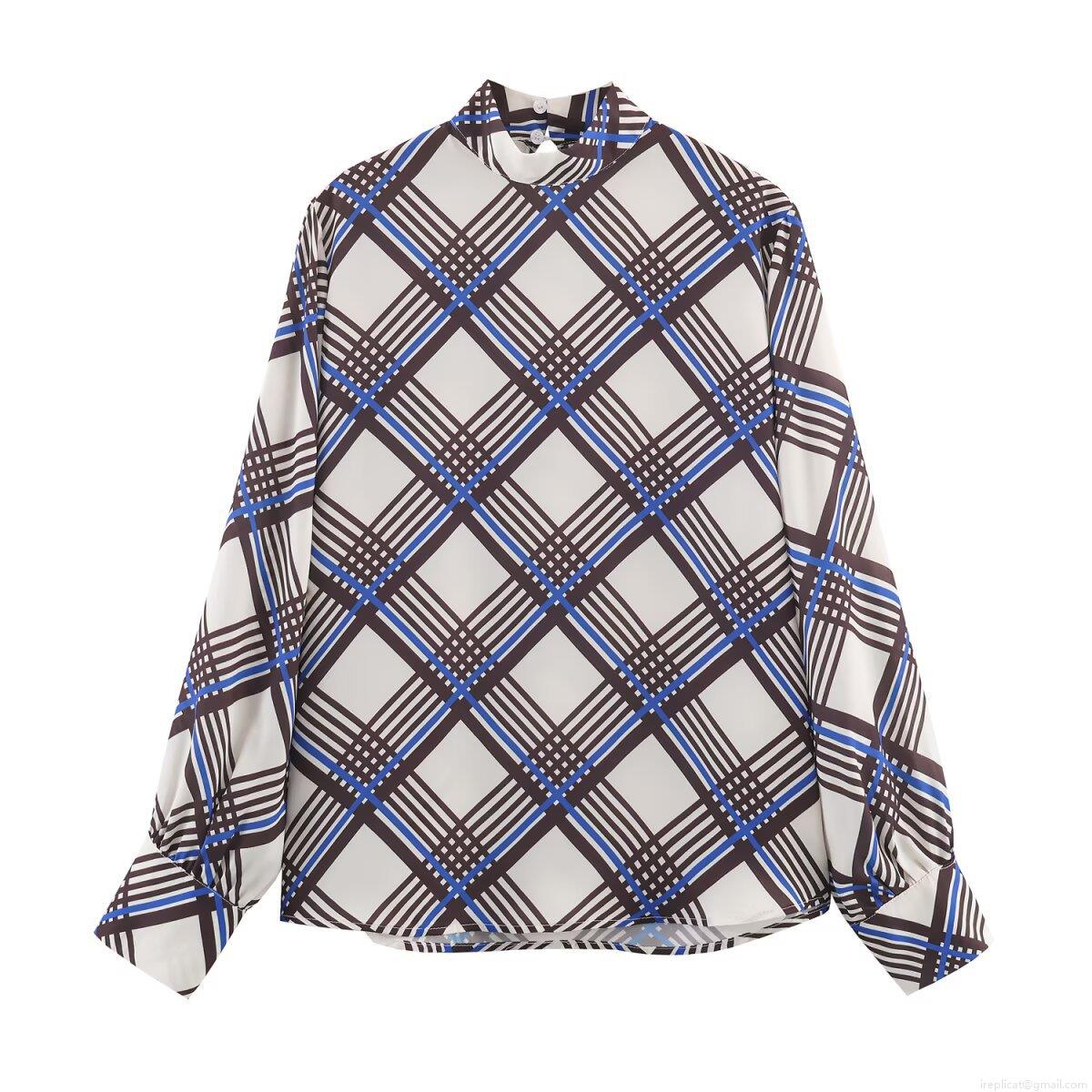 Women's Casual Plaid Blouse Mock Neck Long Sleeve Polyester Chiffon Shirt For Office Daily Wear Fashion Elegant Ladies Top
