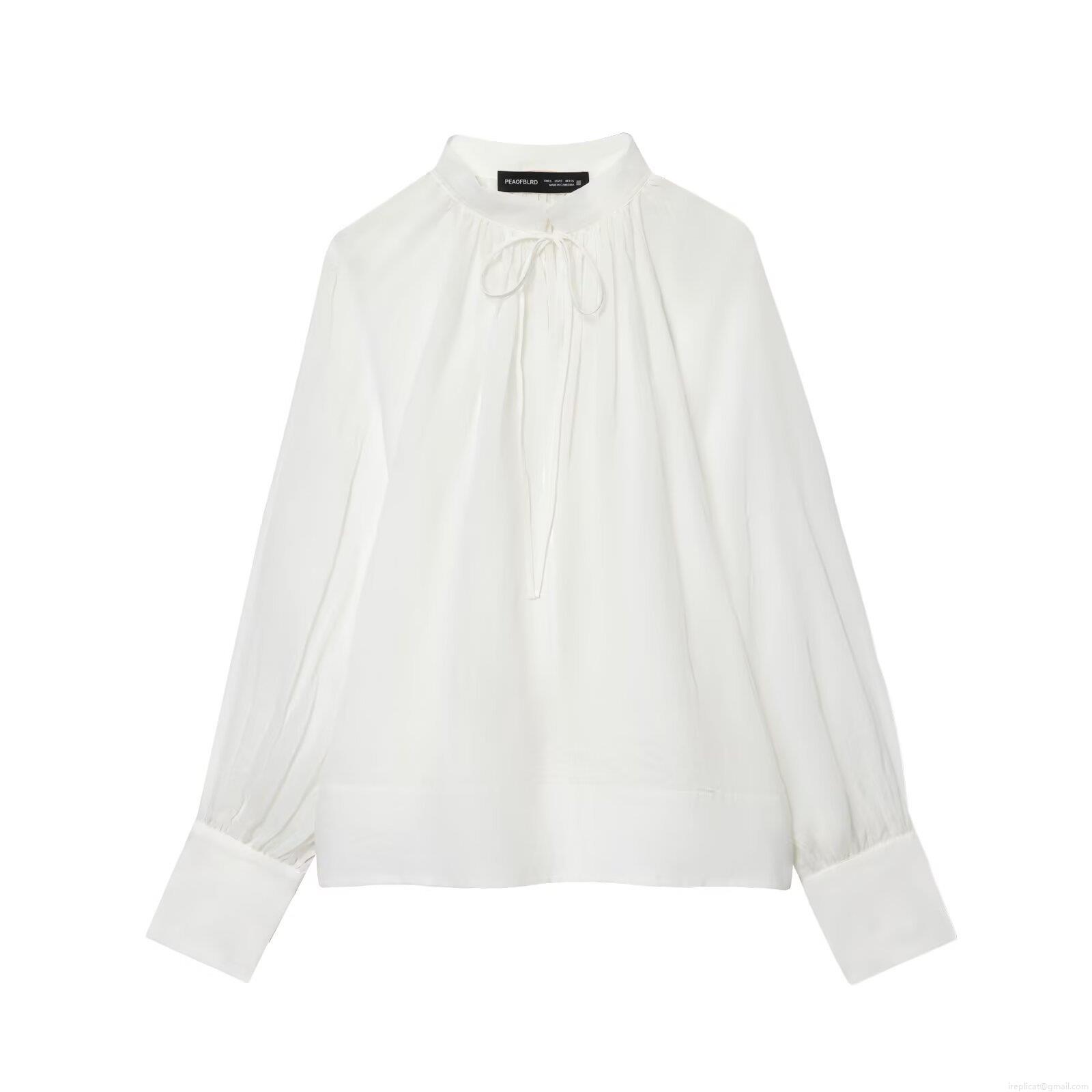 Women French Style Stand Collar Tie Neck Blouse Elegant Lantern Long Sleeve Pleated Shirt Solid White Polyester Tops For Daily Commute