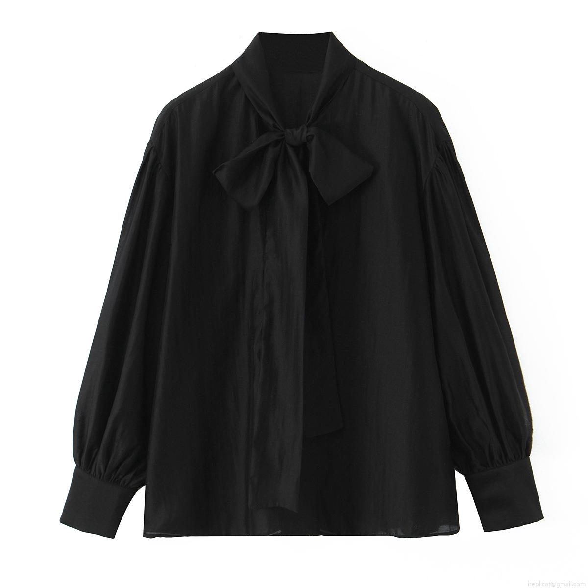 Women Fashion Casual Bow Tie Neck Long Sleeve Blouse Elegant Lantern Sleeve Satin Texture Button Down Shirt For Office Daily Party Lady Top