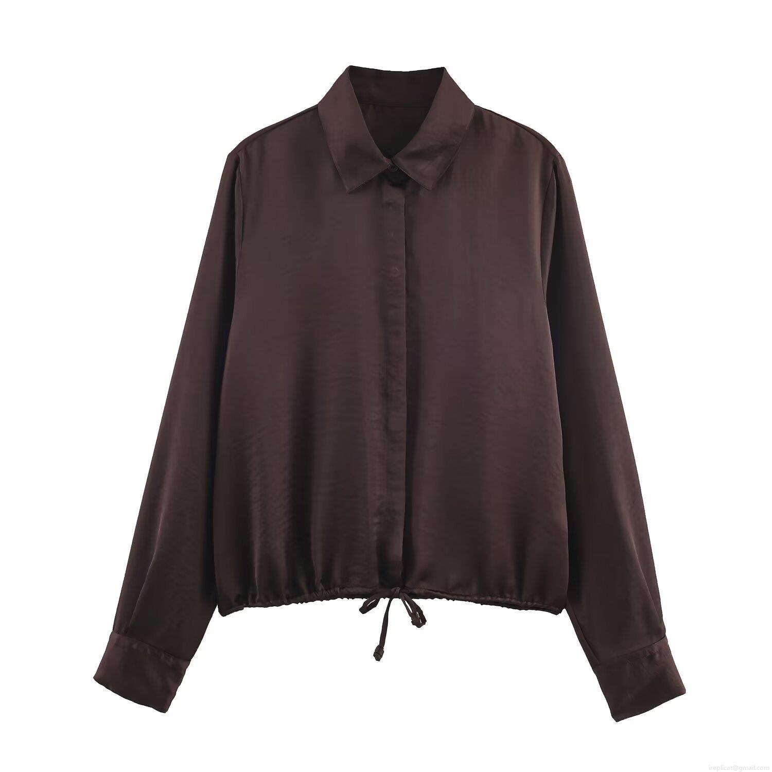 Women Elegant Satin Texture Blouse Long Sleeve Drawstring Hem Shirt Collar Button Down Solid Color Glossy Top For Office Party Daily Wear